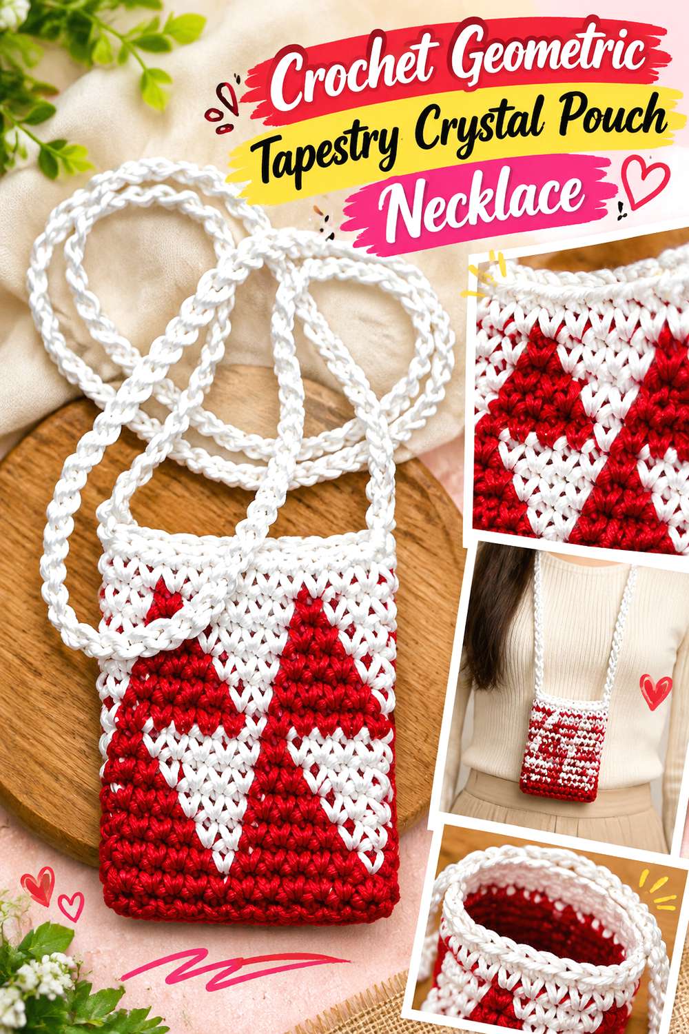 Crochet Geometric Tapestry Crystal Pouch Necklace
