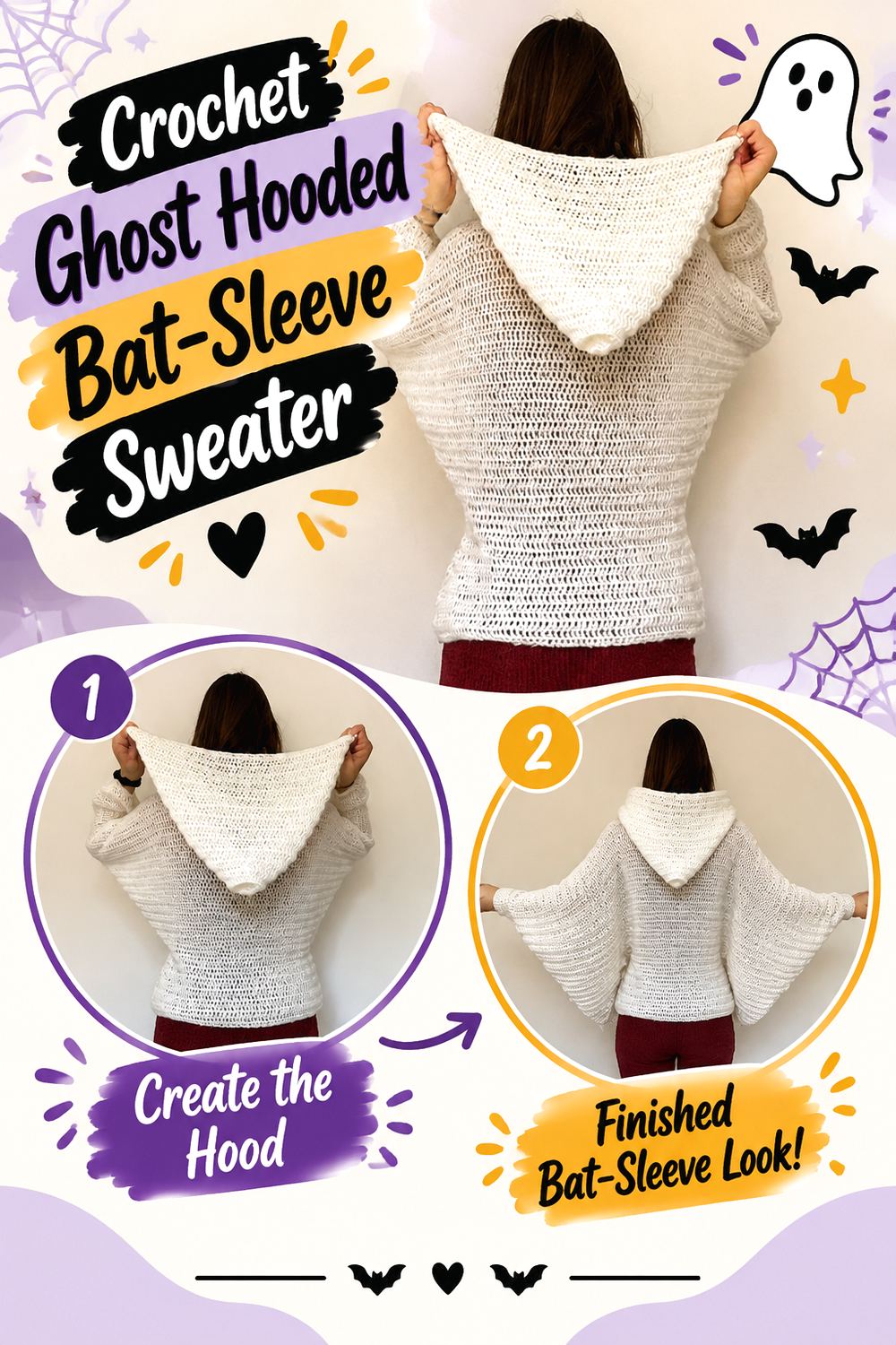 Crochet Ghost Hooded Bat Sleeve Sweater