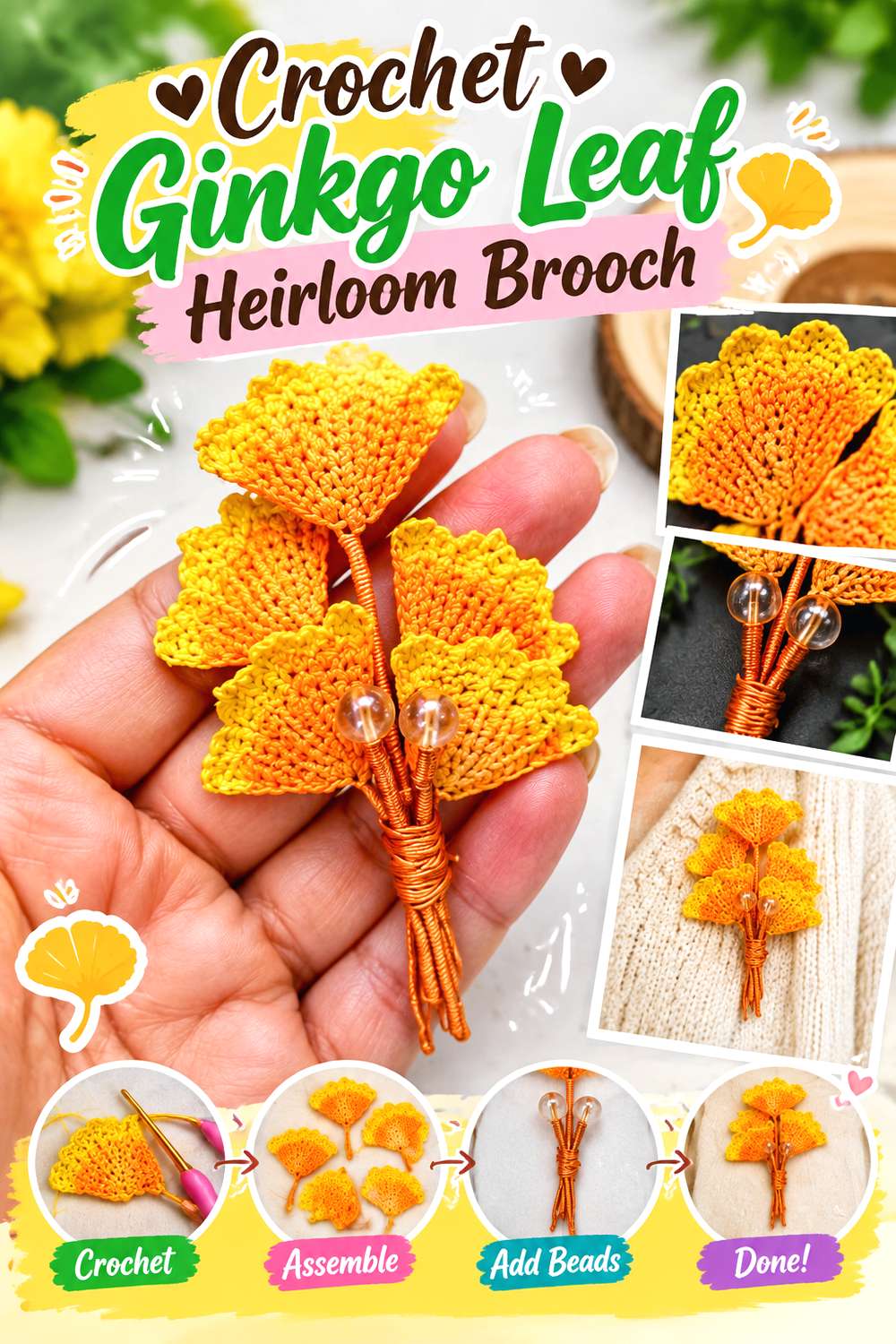 Crochet Ginkgo Leaf Heirloom Brooch