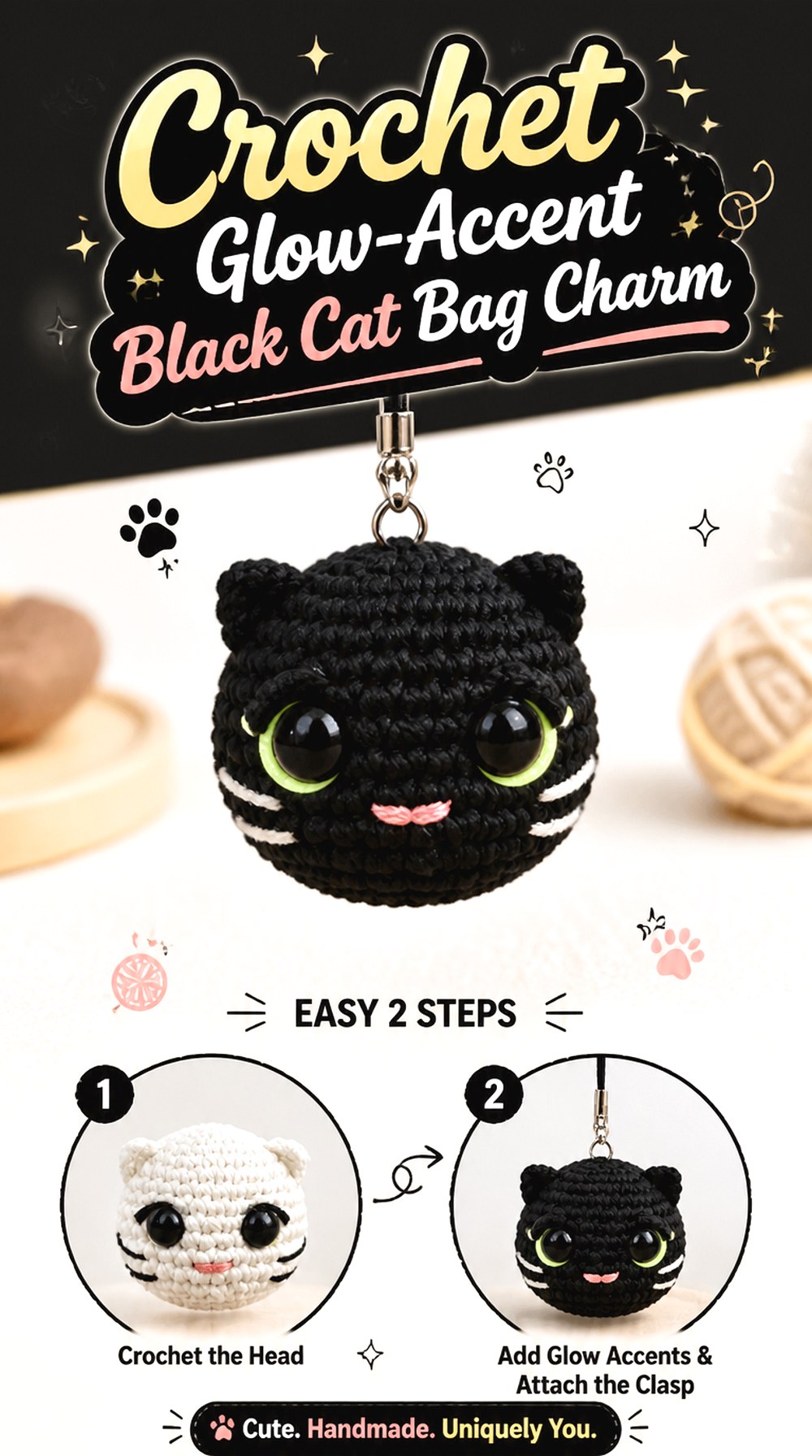 Crochet Glow Accent Black Cat Bag Charm