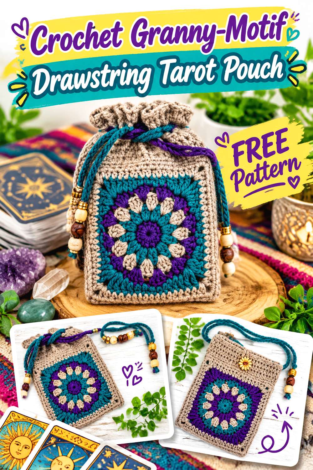 Crochet Granny Motif Drawstring Tarot Pouch