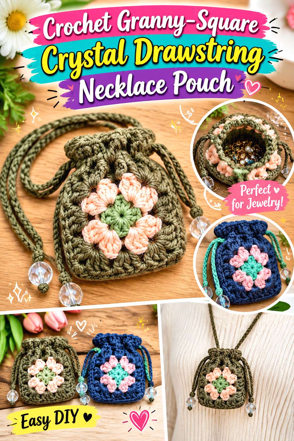 Crochet Granny Square Crystal Drawstring Necklace Pouch