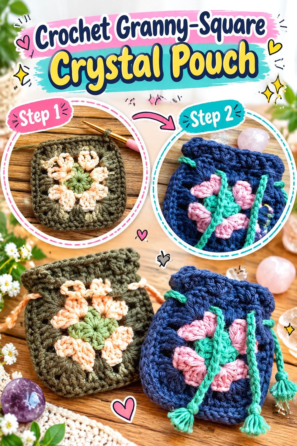 Crochet Granny Square Crystal Pouch