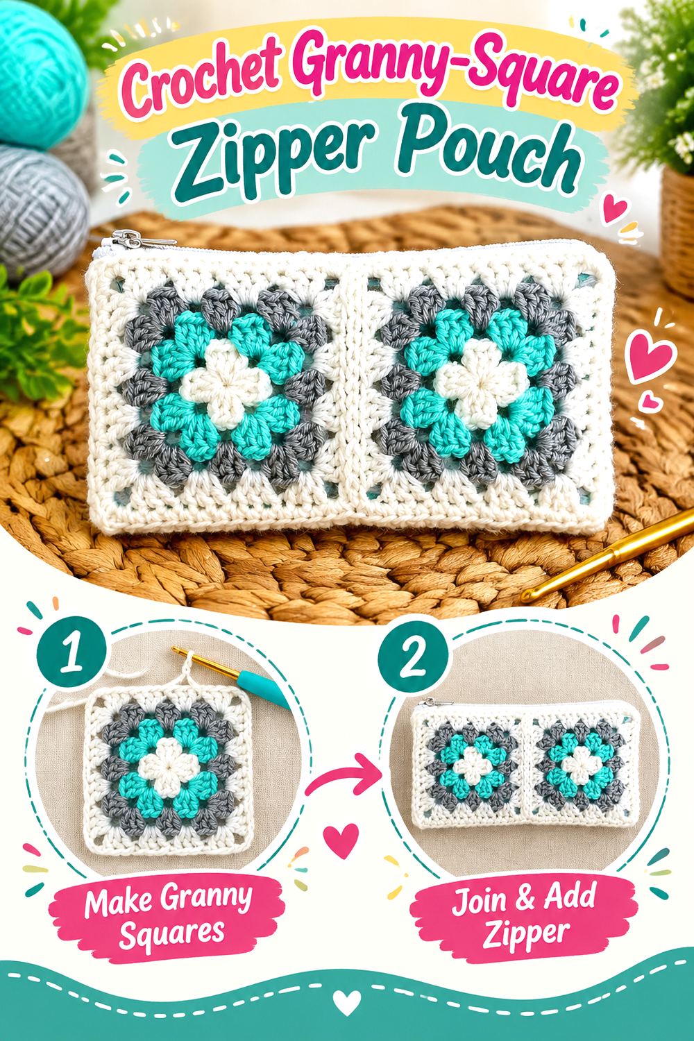 Crochet Granny Square Zipper Pouch