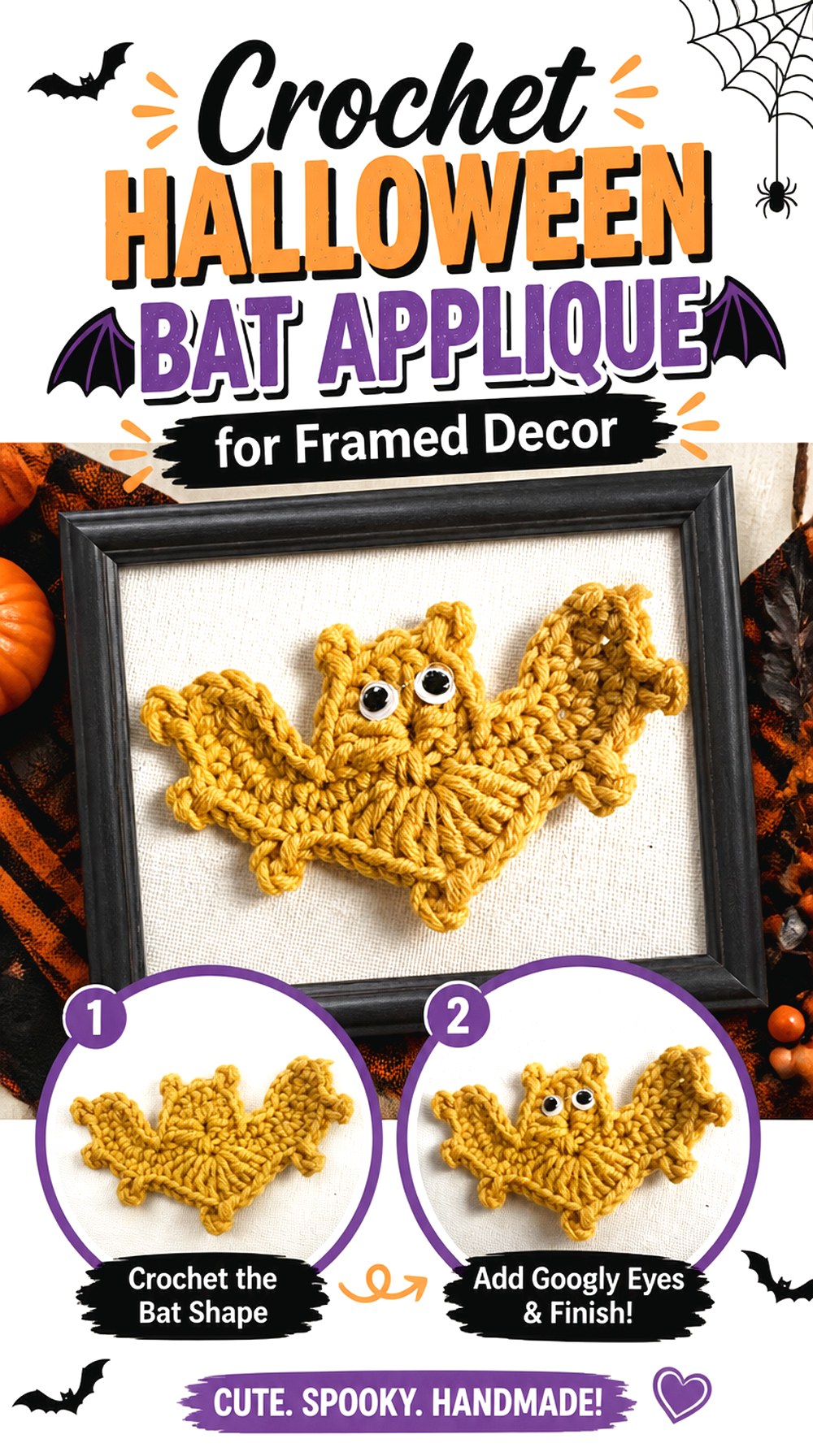 Crochet Halloween Bat Applique for Framed Decor