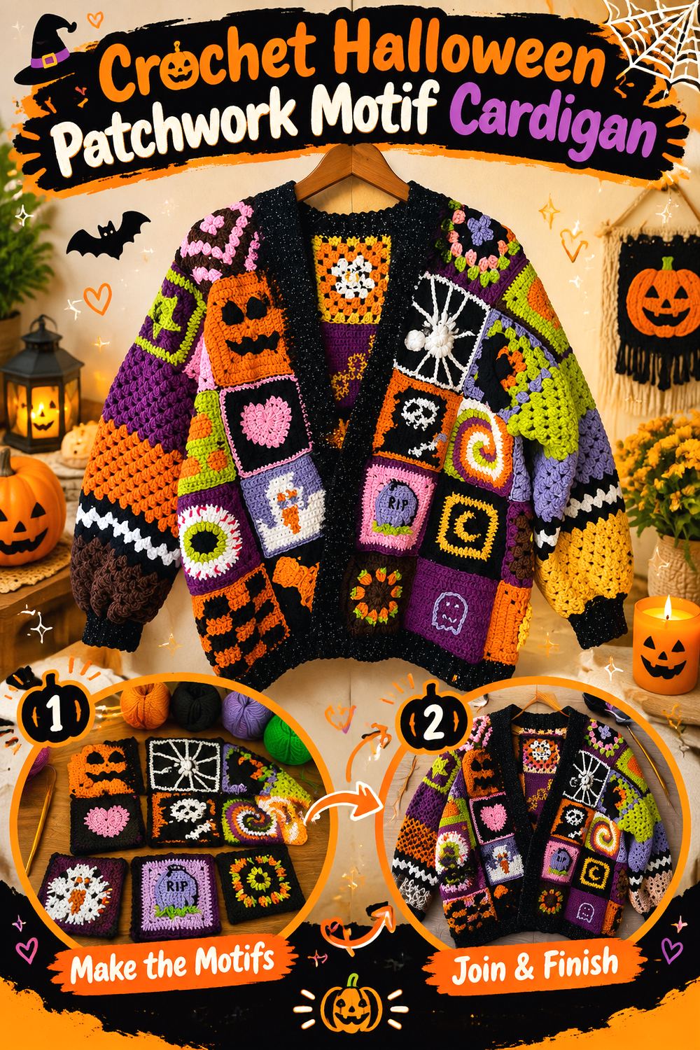 Crochet Halloween Patchwork Motif Cardigan