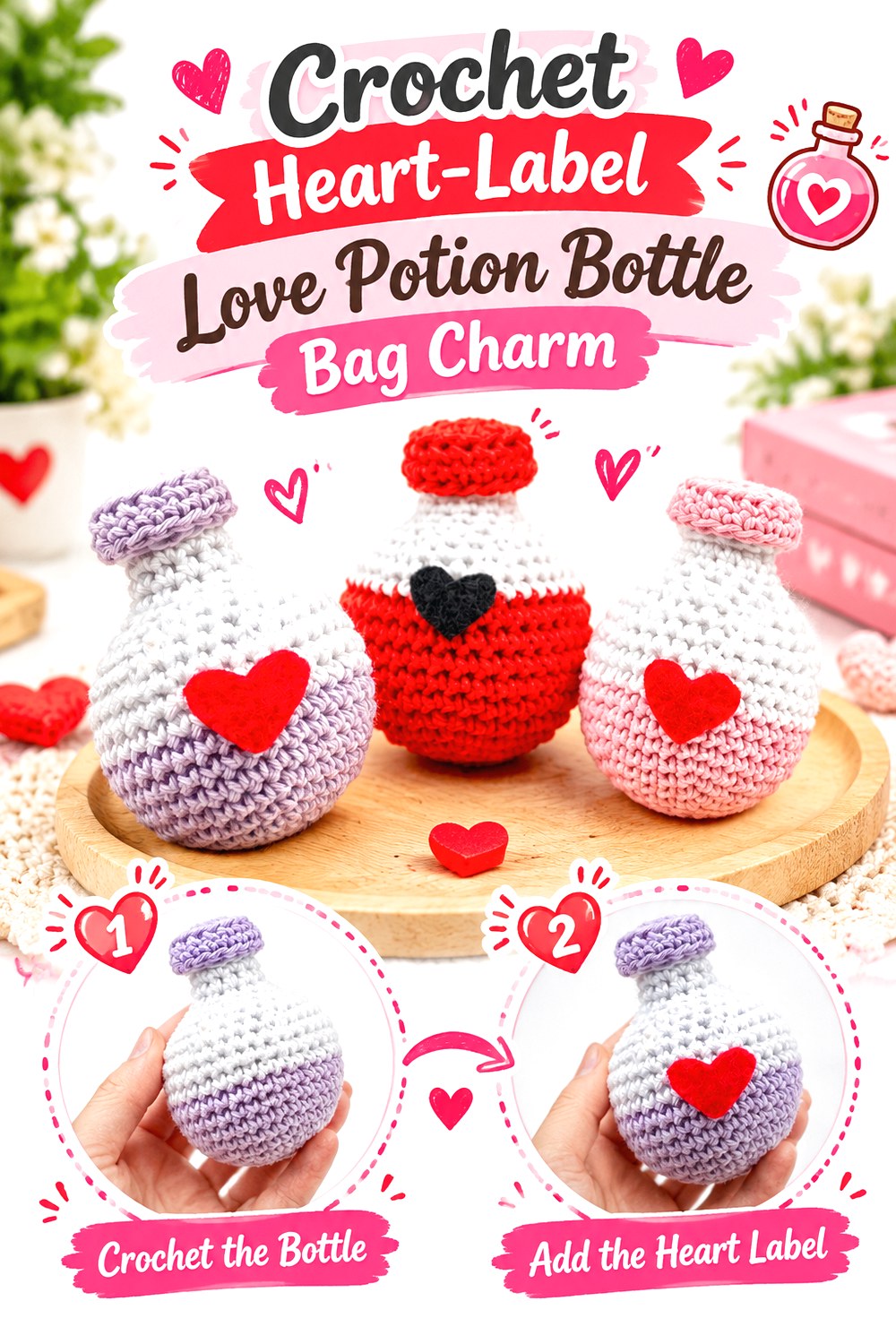 Crochet Heart Label Love Potion Bottle Bag Charm