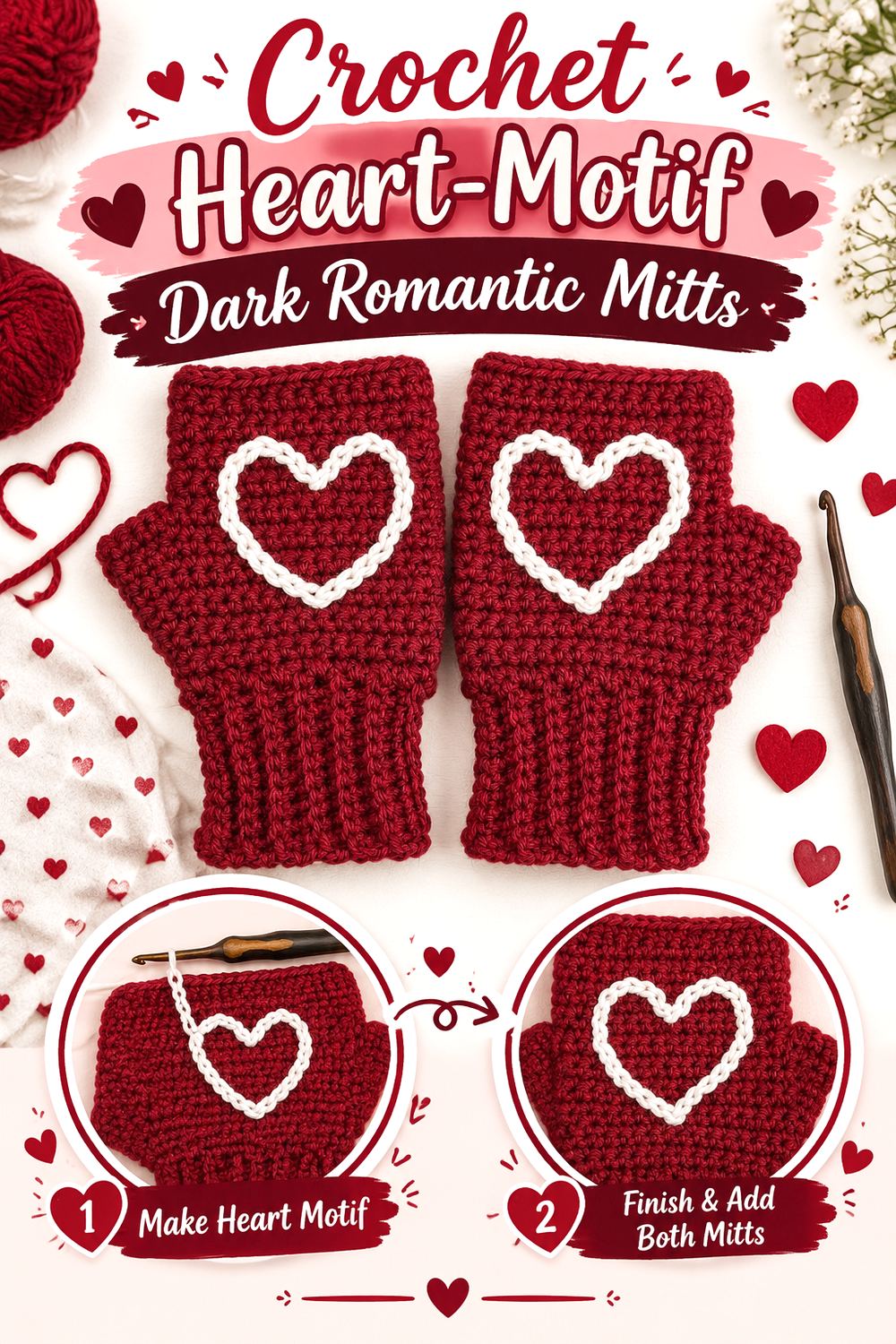 Crochet Heart Motif Dark Romantic Mitts