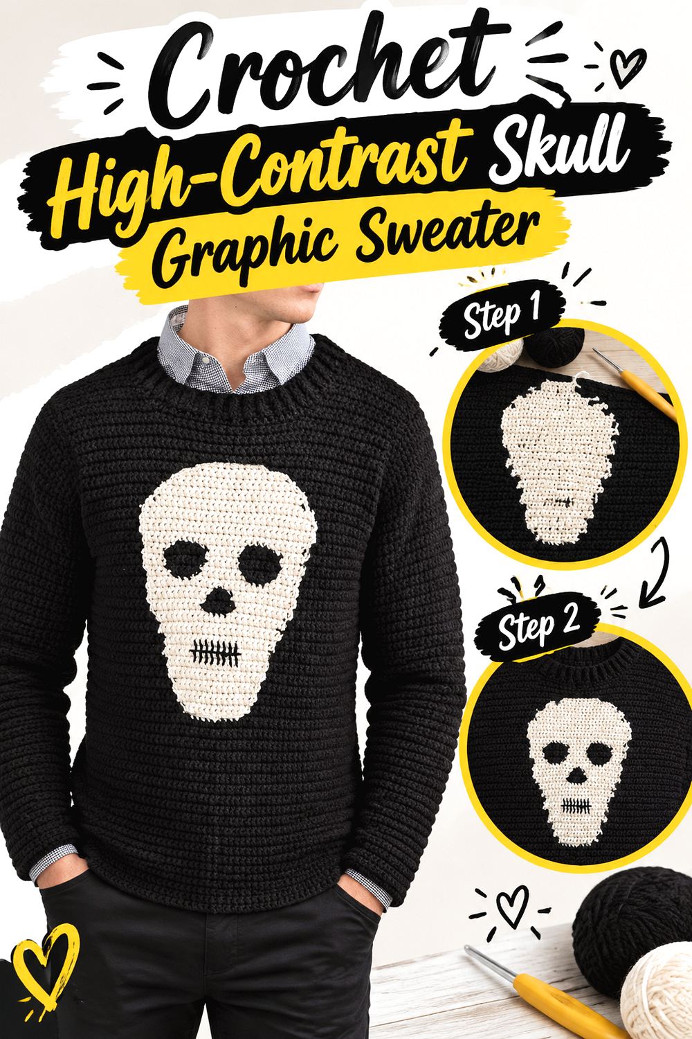 Crochet High Contrast Skull Graphic Sweater