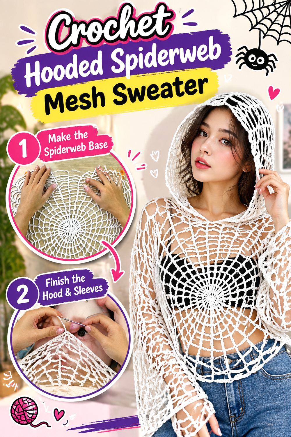 Crochet Hooded Spiderweb Mesh Sweater