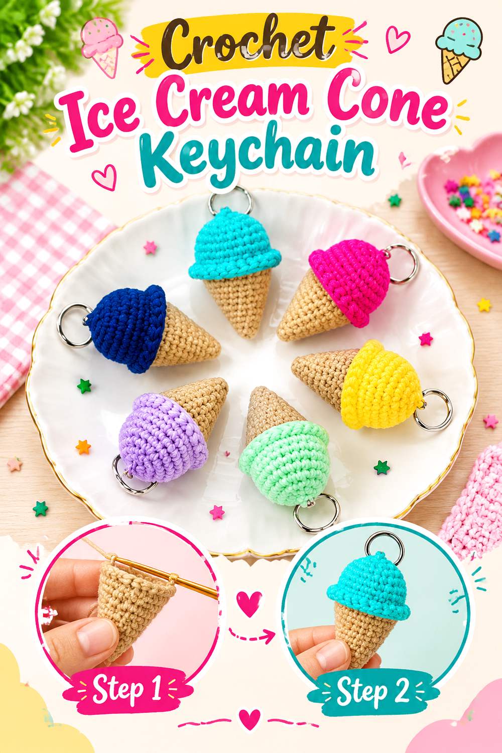 Crochet Ice Cream Cone Keychain