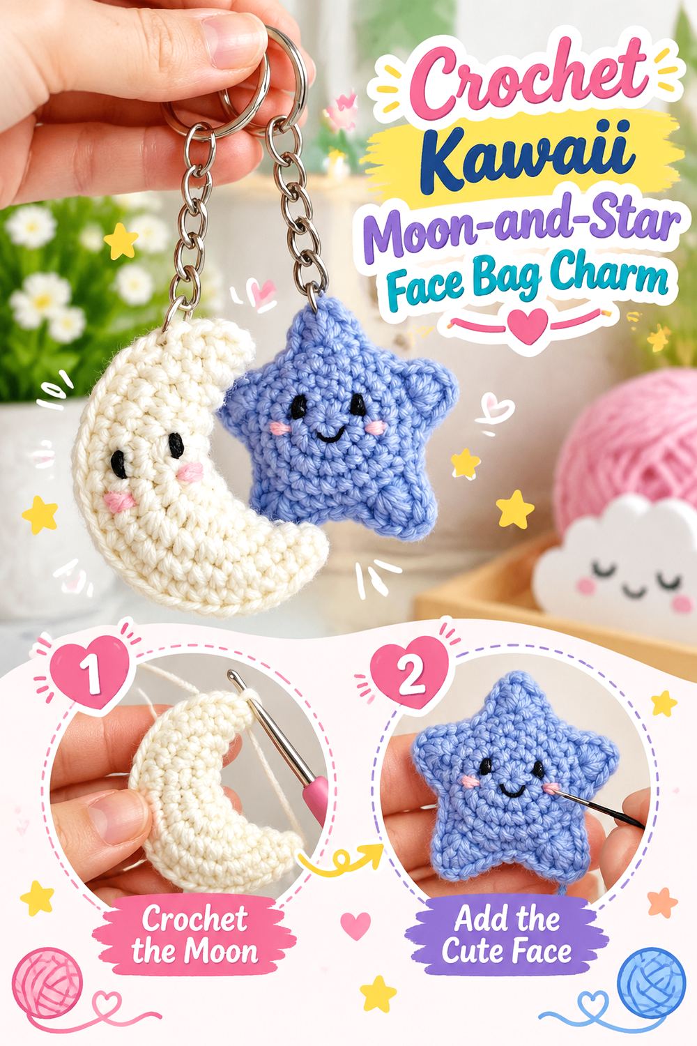 Crochet Kawaii Moon and Star Face Bag Charm