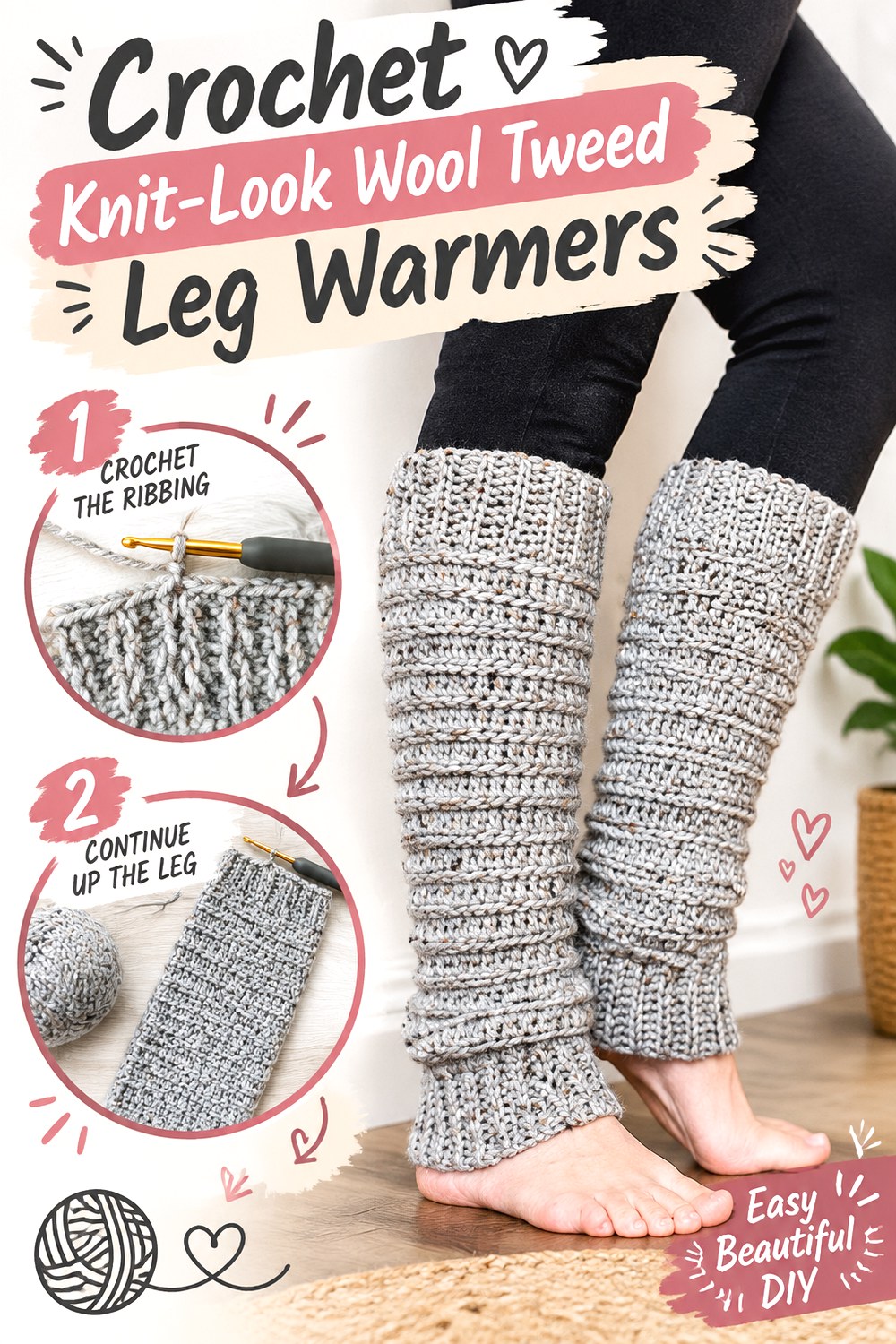 Crochet Knit Look Wool Tweed Leg Warmers