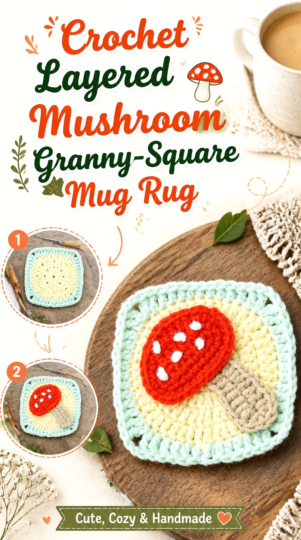 Crochet Layered Mushroom Granny Square Mug Rug