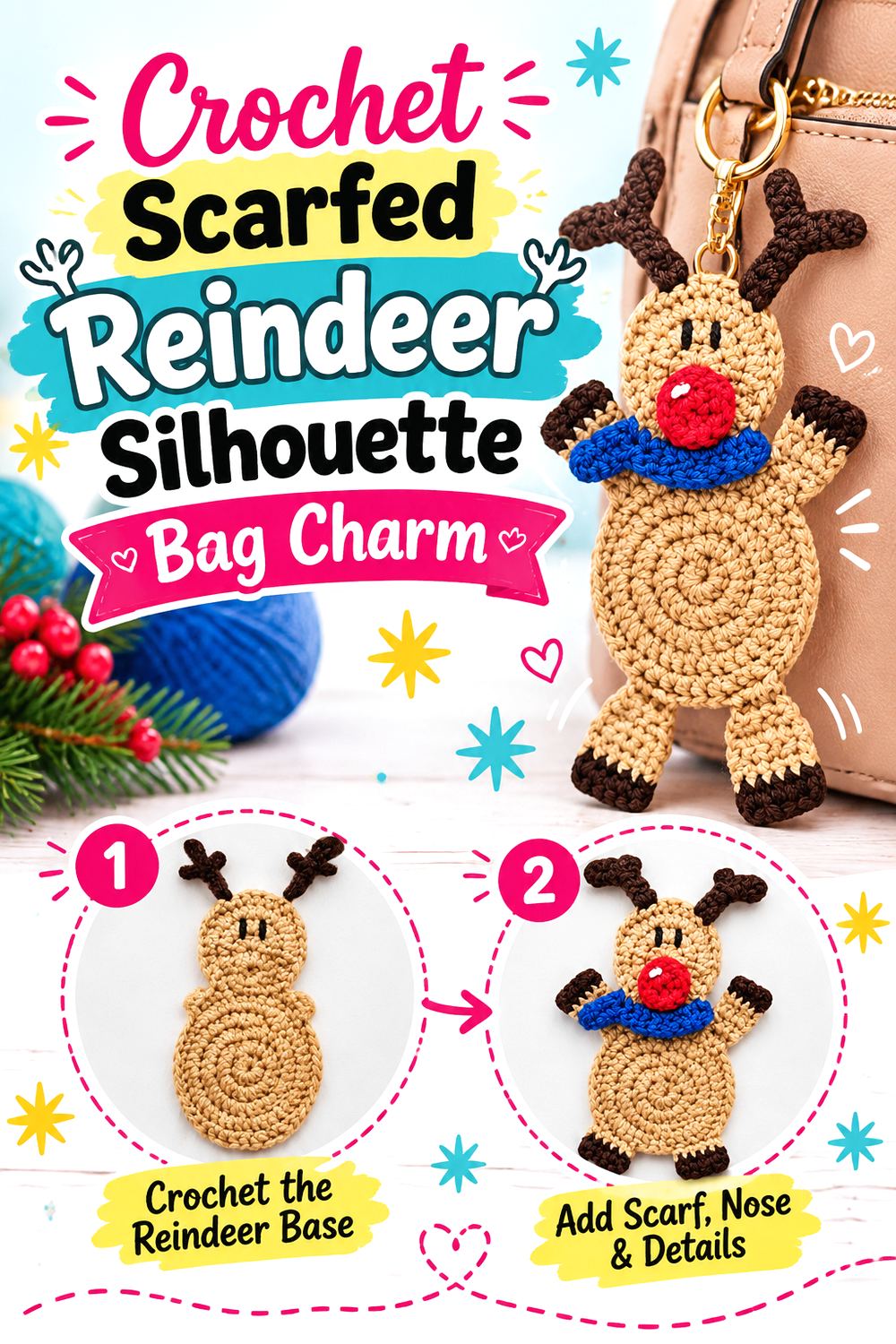 Crochet Layered Reindeer Face Appliqué Bag Charm