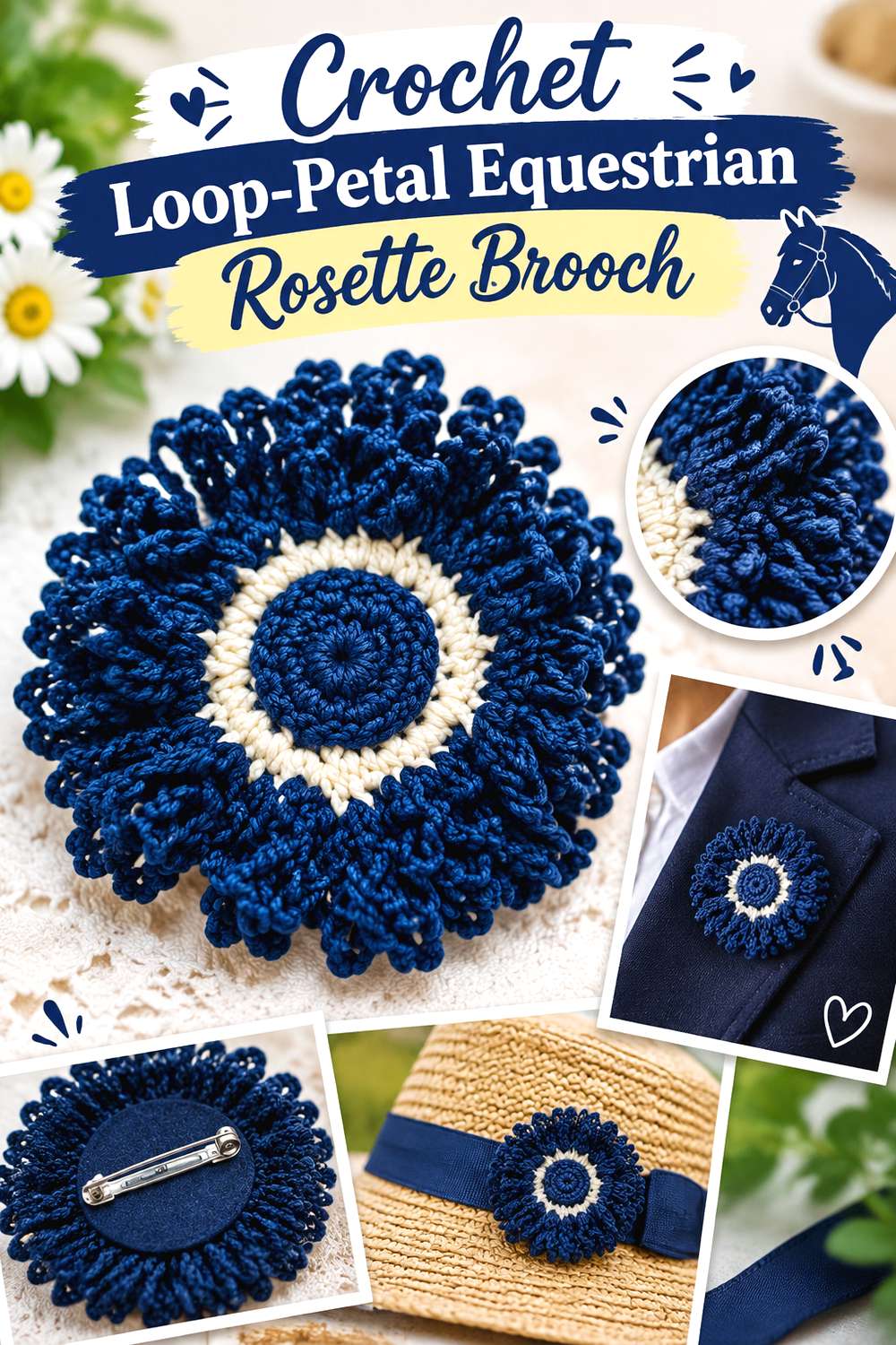 Crochet Loop Petal Equestrian Rosette Brooch