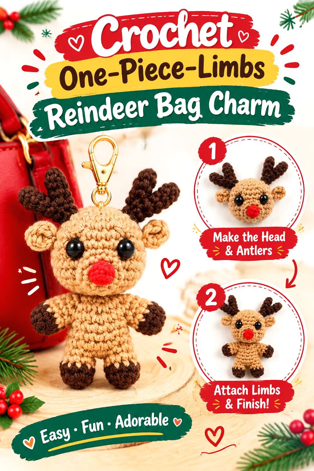Crochet Low Sew Mini Reindeer Bag Charm