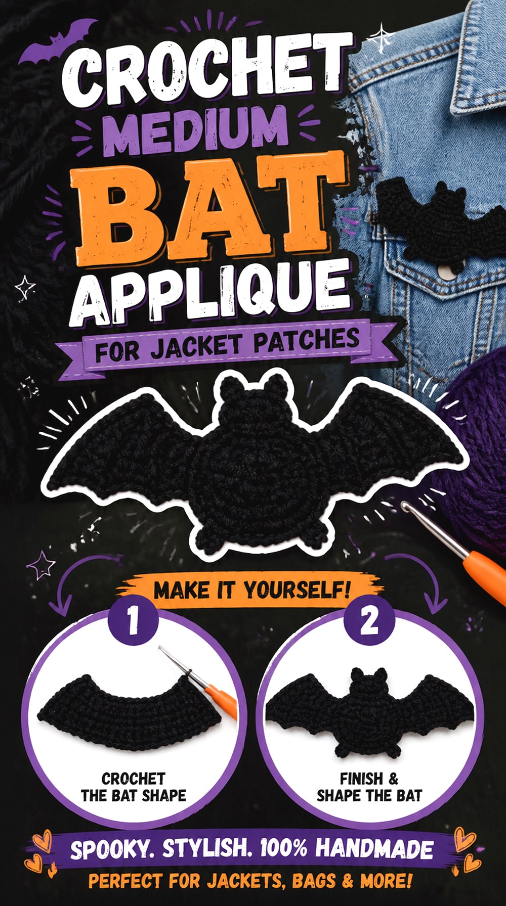 Crochet Medium Bat Applique for Jacket Patches