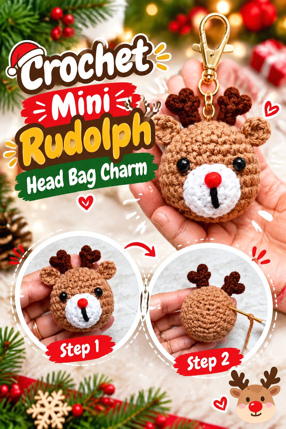 Crochet Mini Rudolph Head Bag Charm