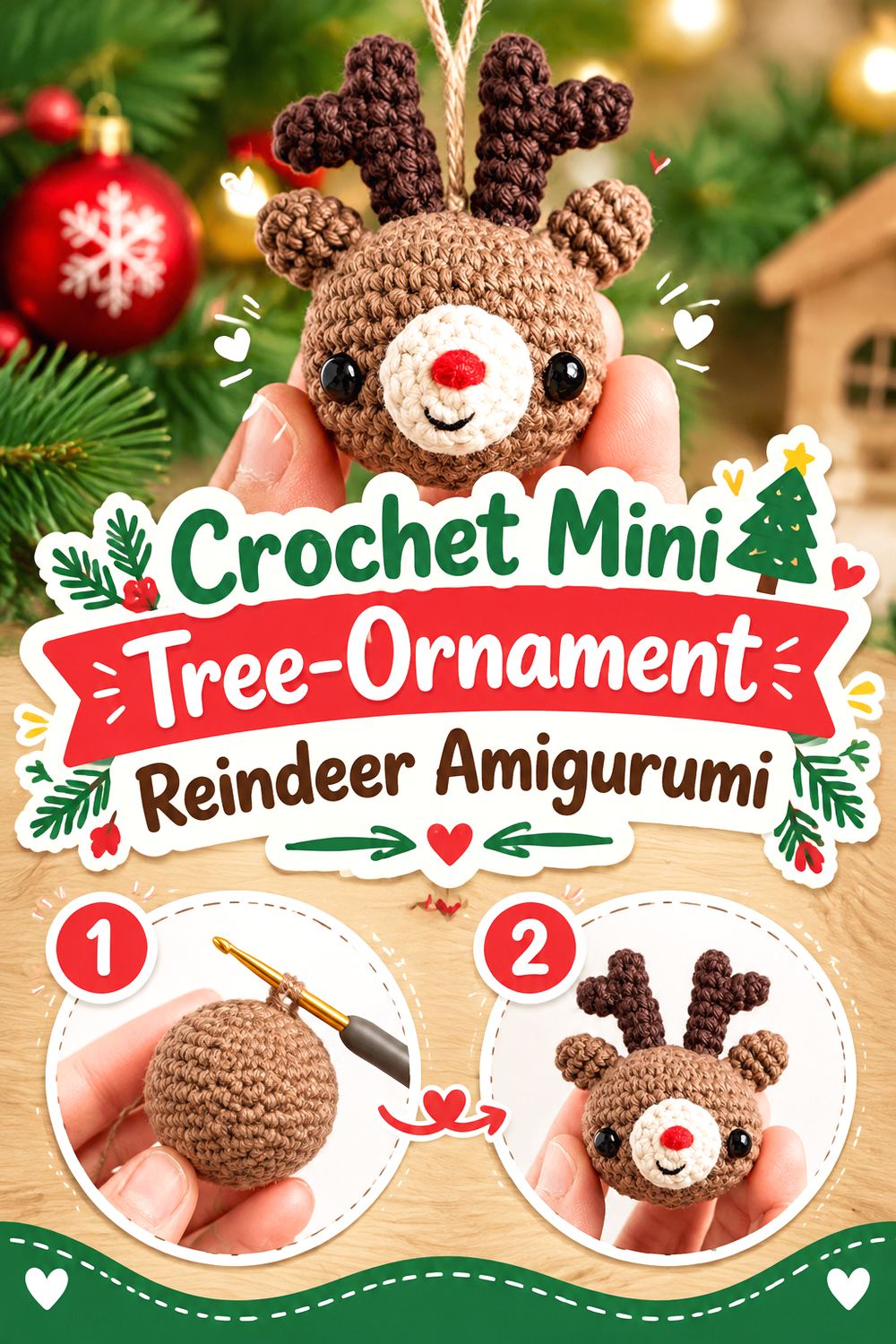 Crochet Mini Tree Ornament Reindeer Amigurumi