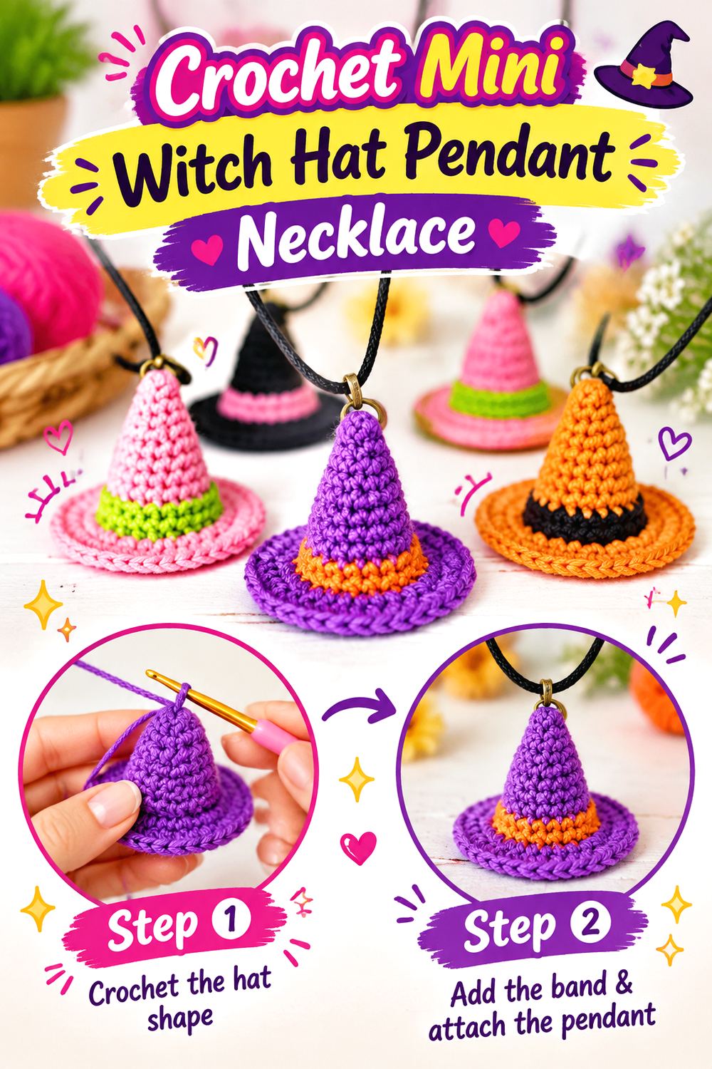 Crochet Mini Witch Hat Pendant Necklace