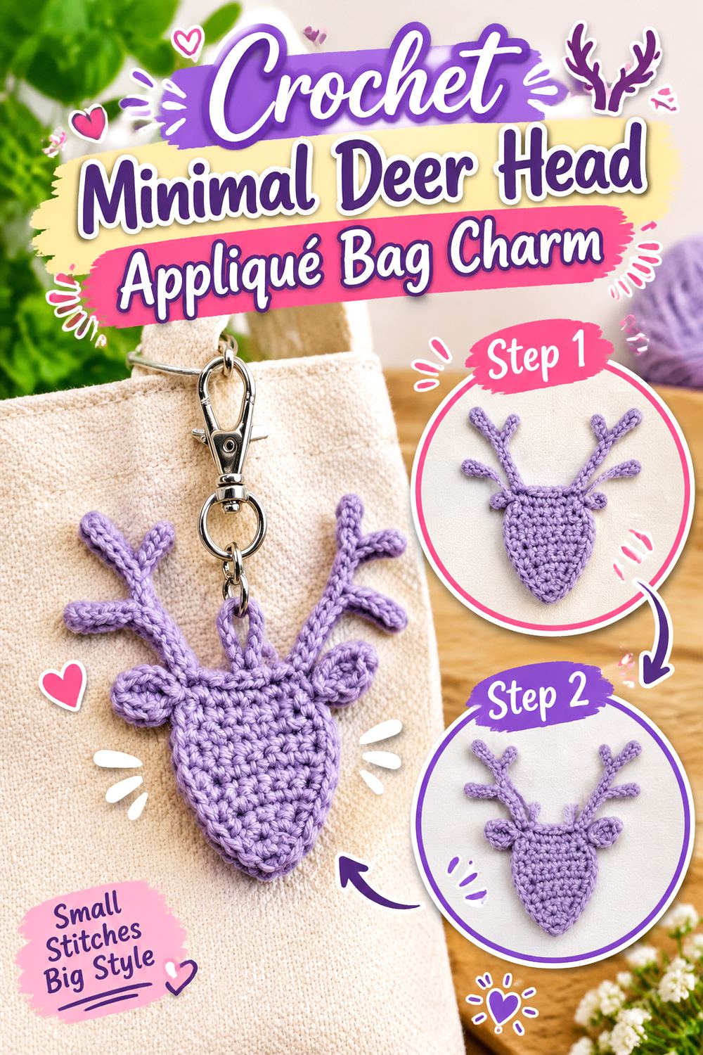 Crochet Minimal Deer Head Appliqué Bag Charm