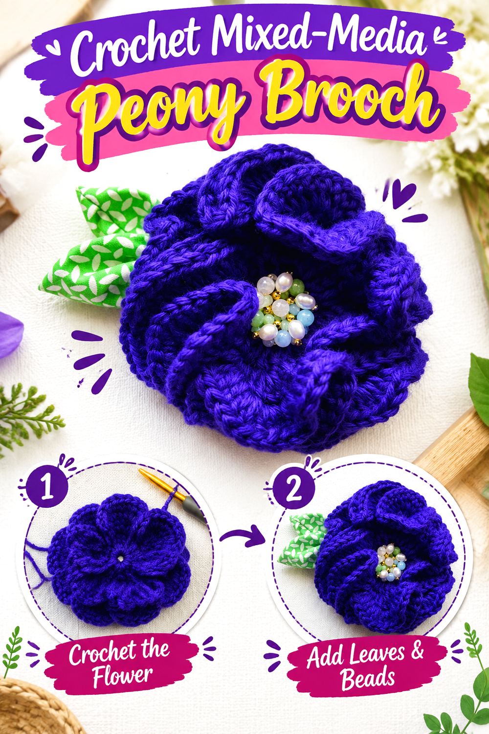 Crochet Mixed Media Peony Brooch