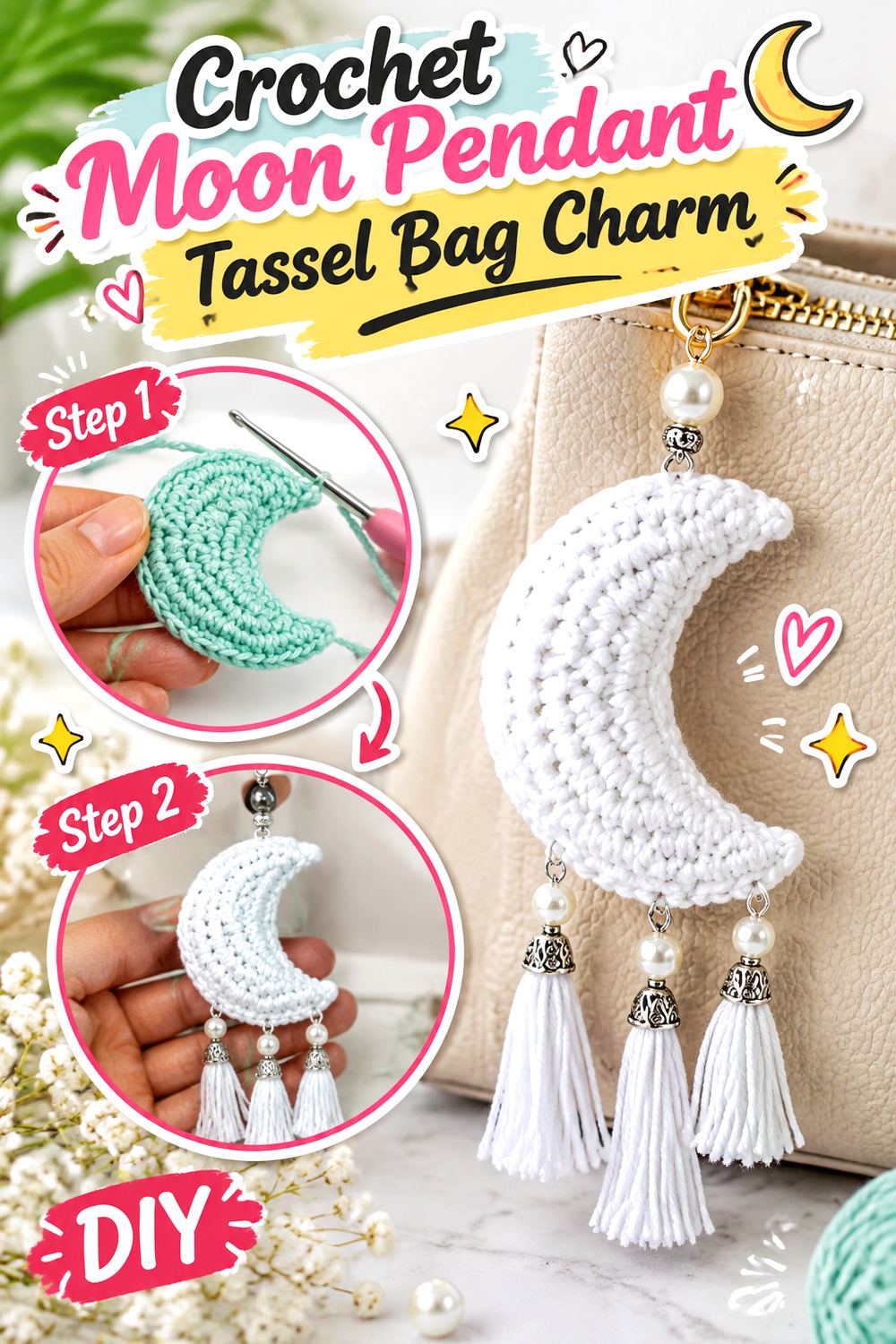 Crochet Moon Pendant Tassel Bag Charm