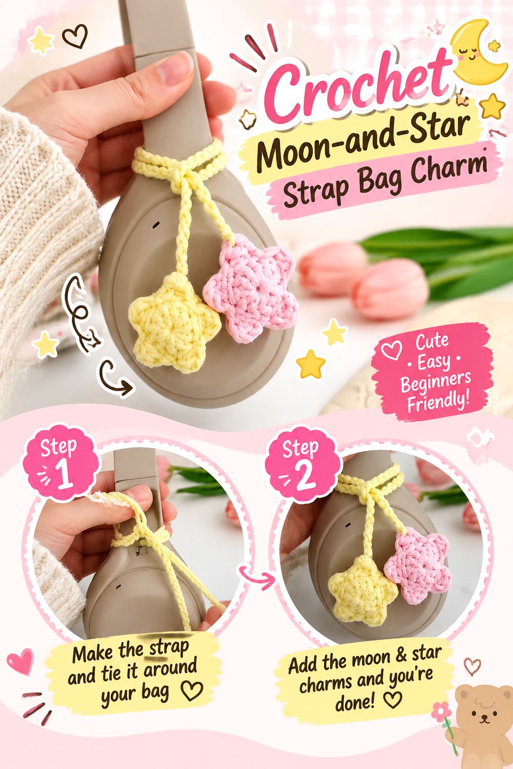 Crochet Moon and Star Strap Bag Charm