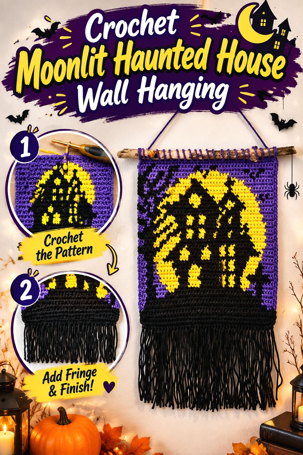 Crochet Moonlit Haunted House Wall Hanging