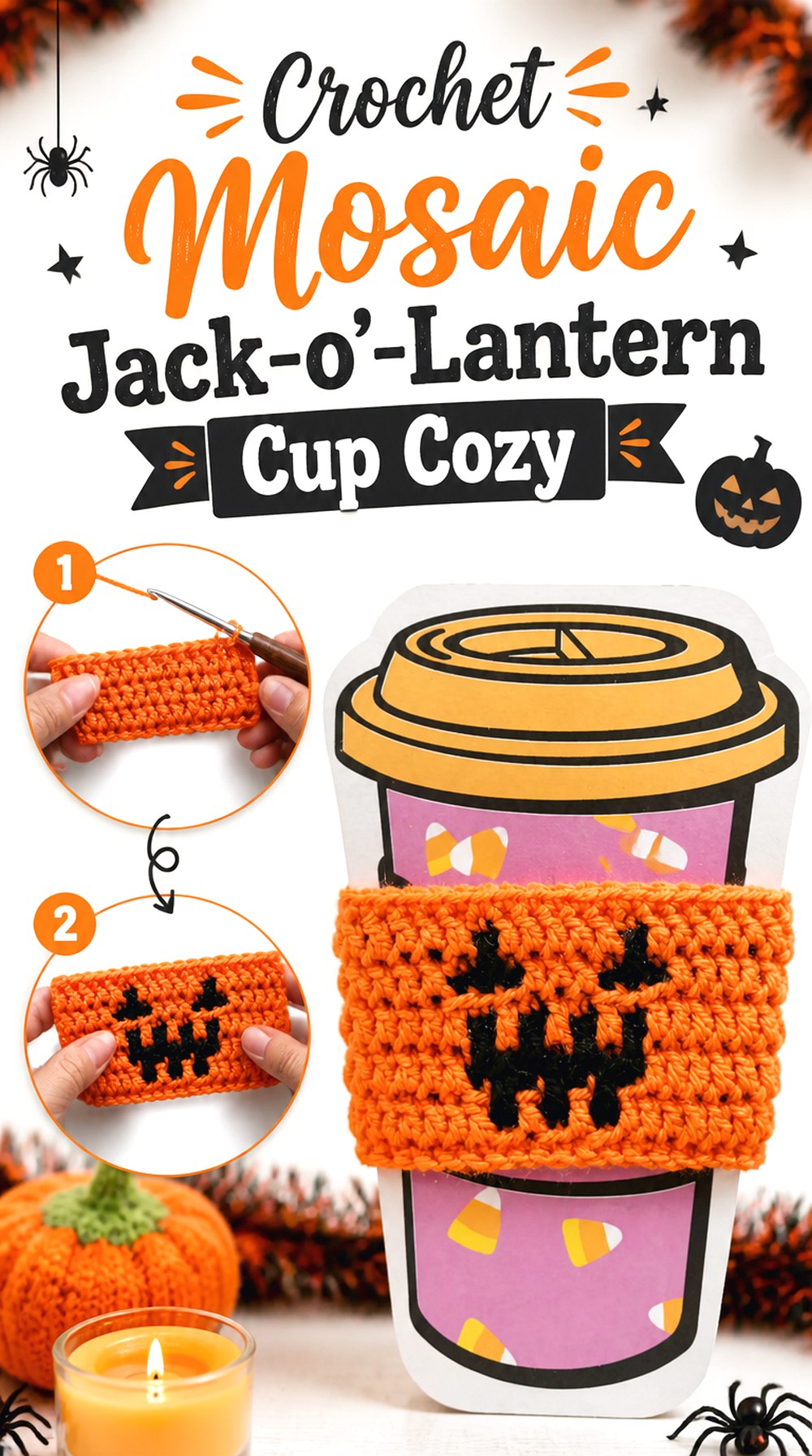 Crochet Mosaic Jack o’ Lantern Cup Cozy