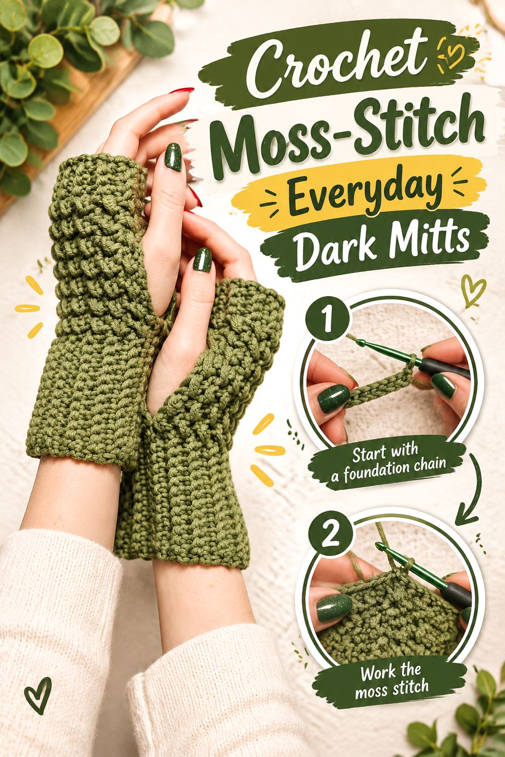 Crochet Moss Stitch Everyday Dark Mitts