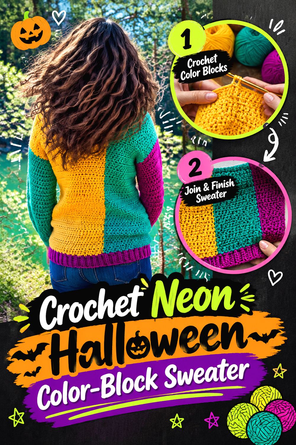 Crochet Neon Halloween Color Block Sweater