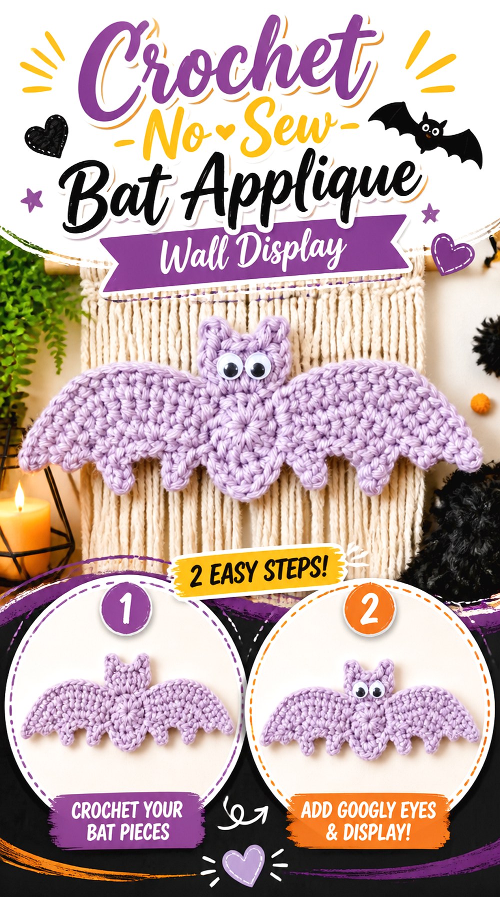 Crochet No Sew Bat Applique Wall Display