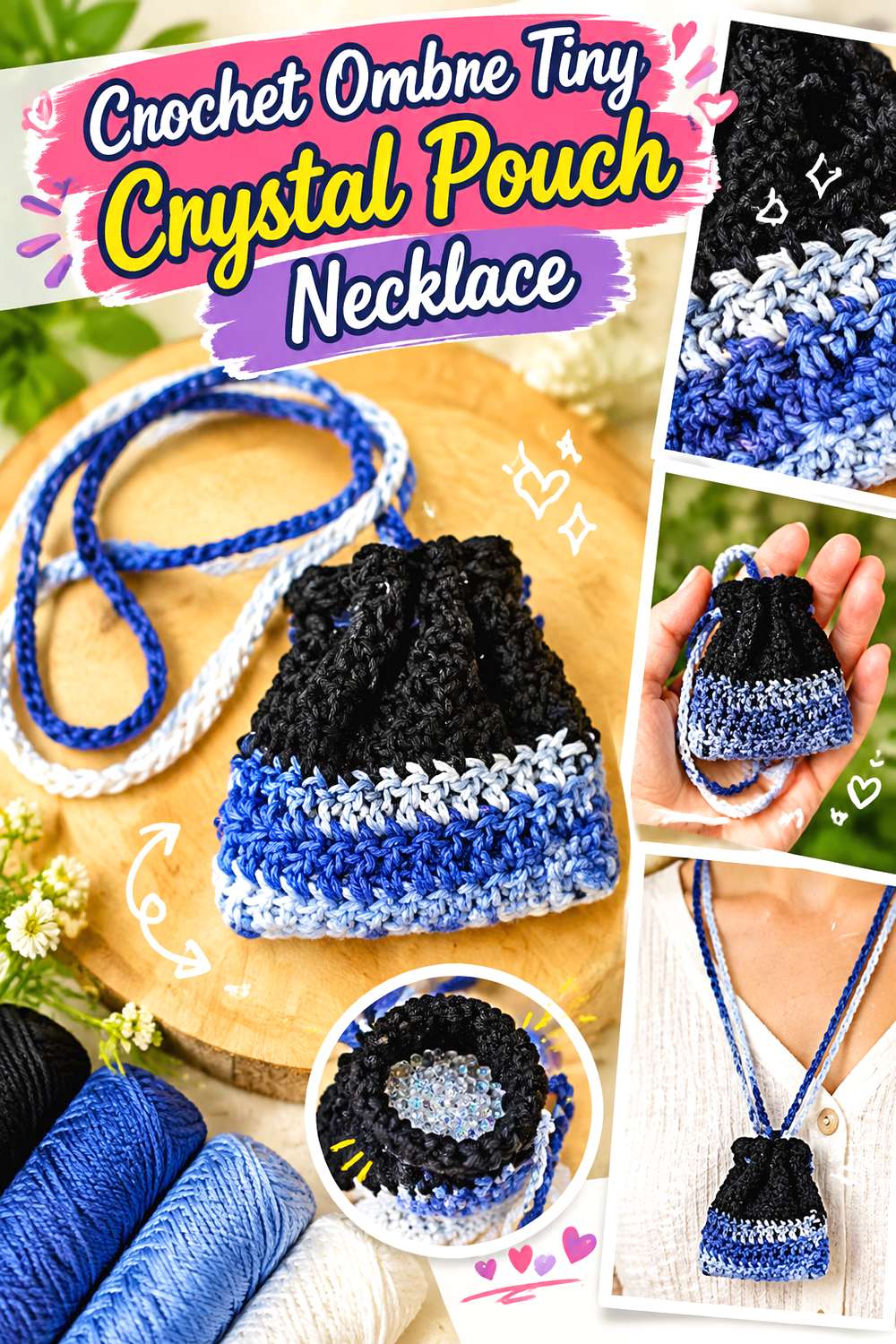 Crochet Ombre Tiny Crystal Pouch Necklace