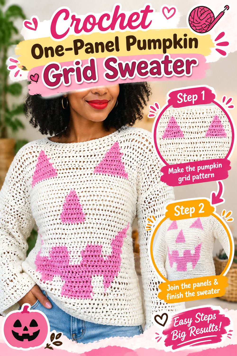 Crochet One Panel Pumpkin Grid Sweater