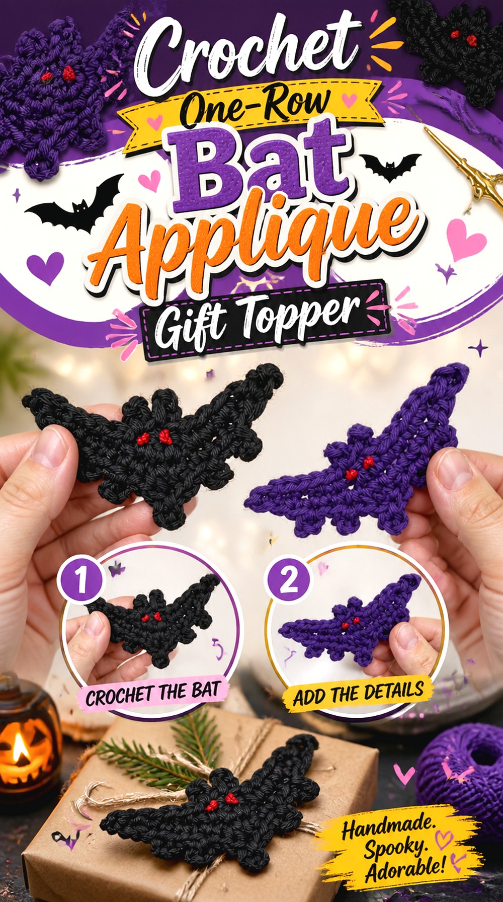 Crochet One Row Bat Applique Gift Topper