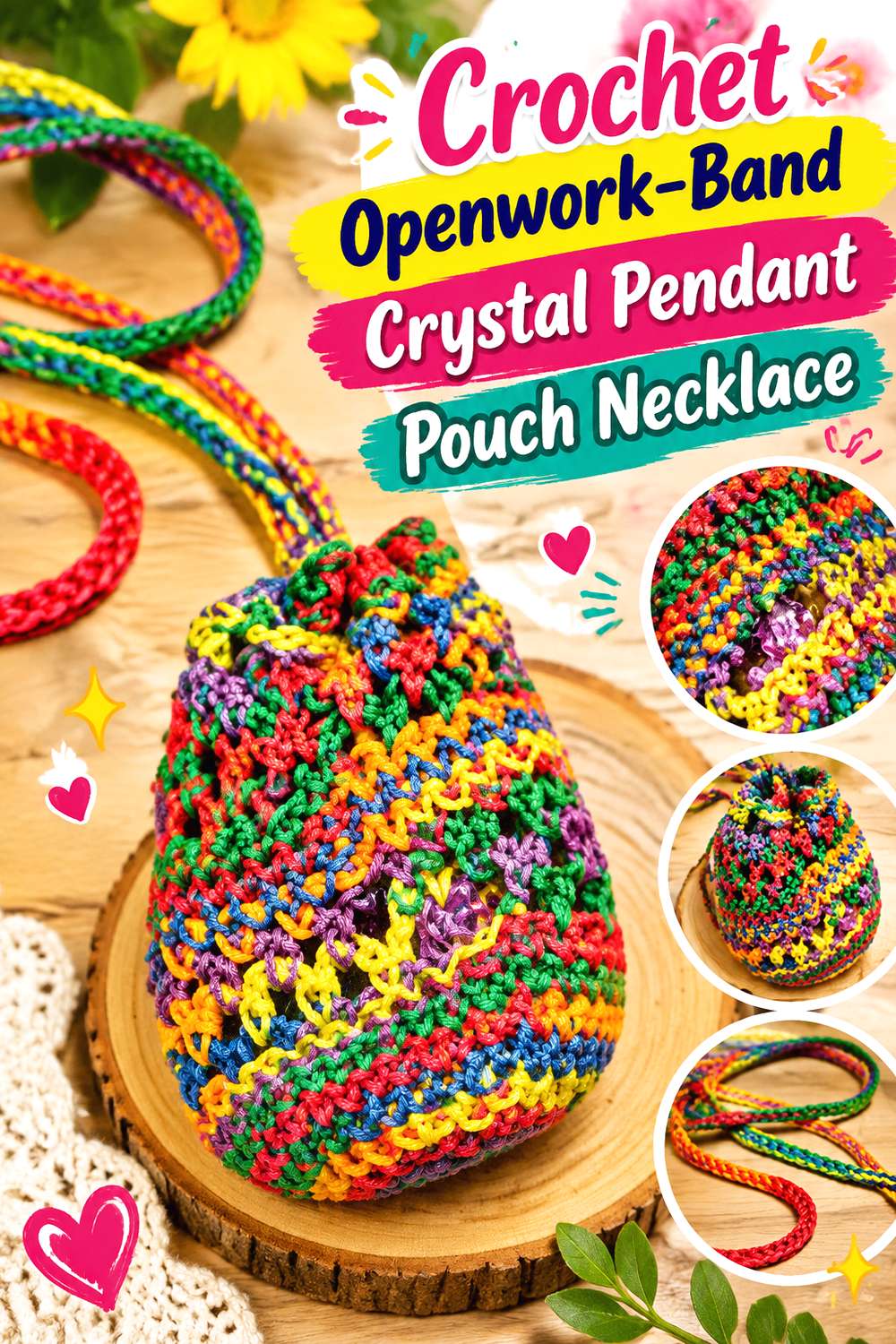 Crochet Openwork Band Crystal Pendant Pouch Necklace