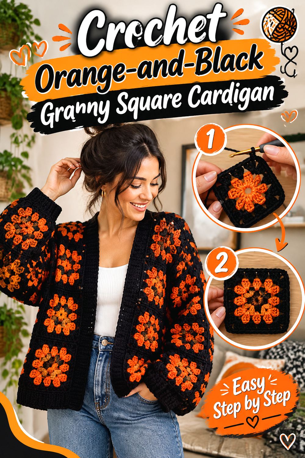 Crochet Orange and Black Granny Square Cardigan