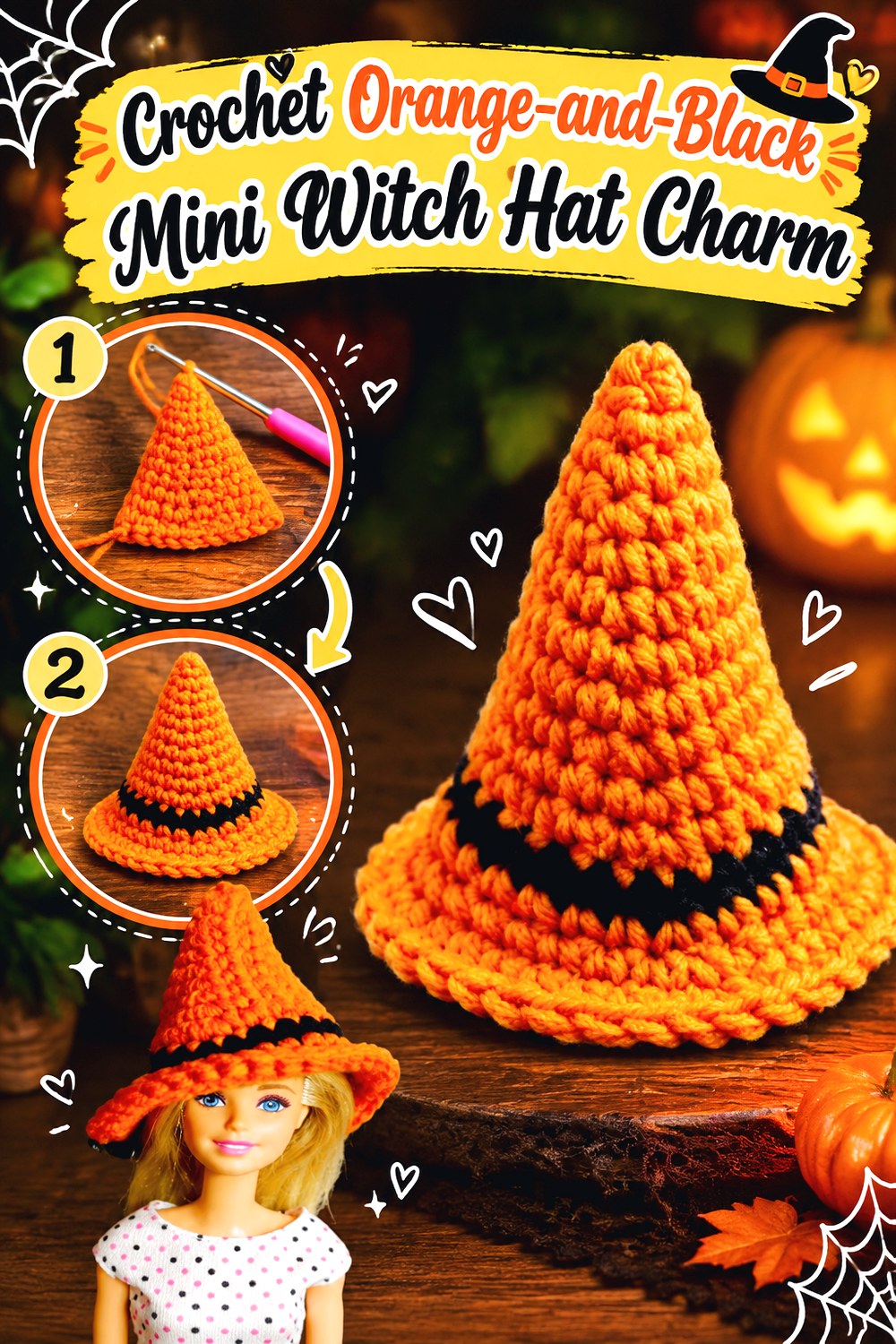 Crochet Orange and Black Mini Witch Hat Charm