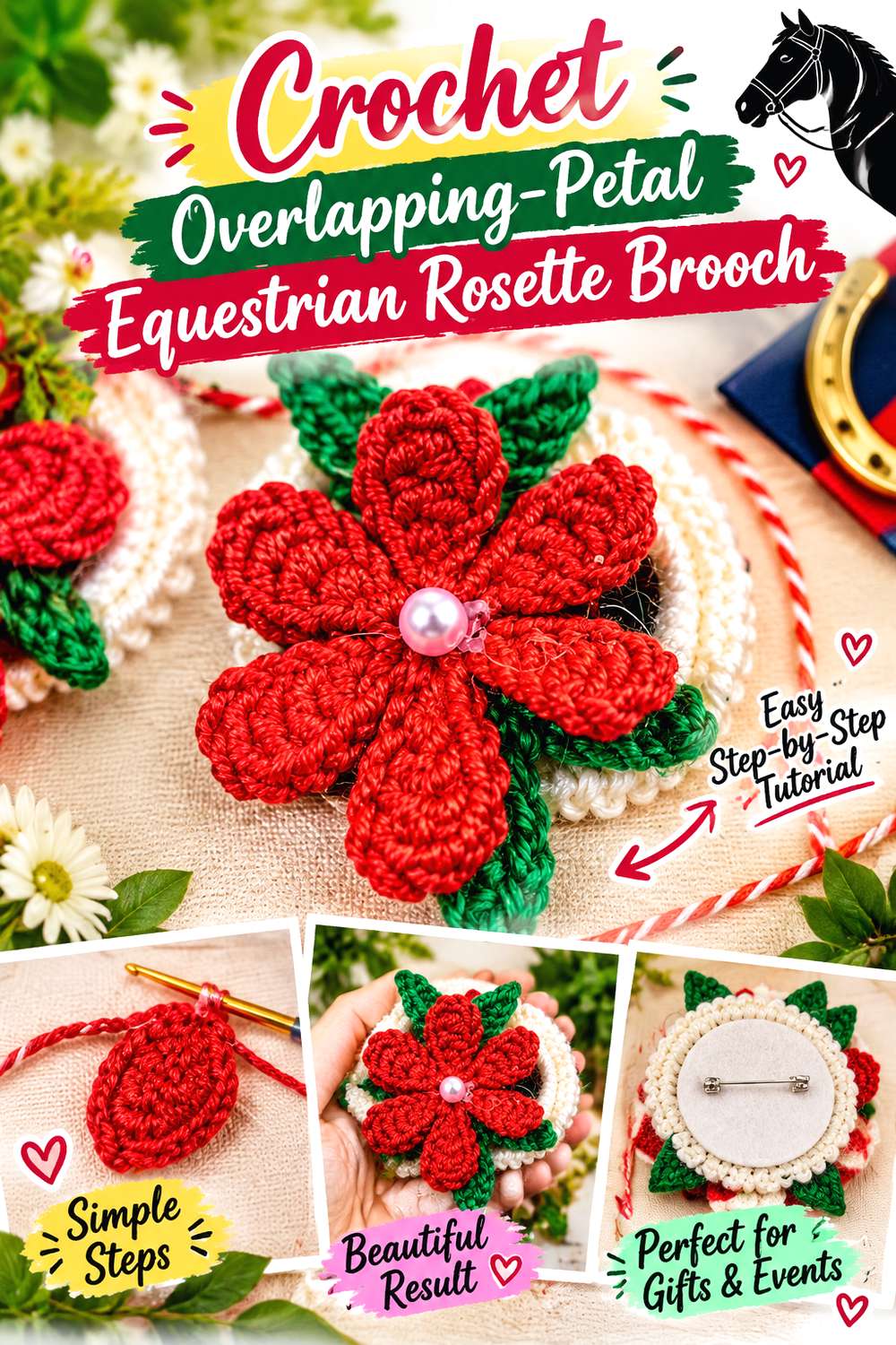 Crochet Overlapping Petal Equestrian Rosette Brooch