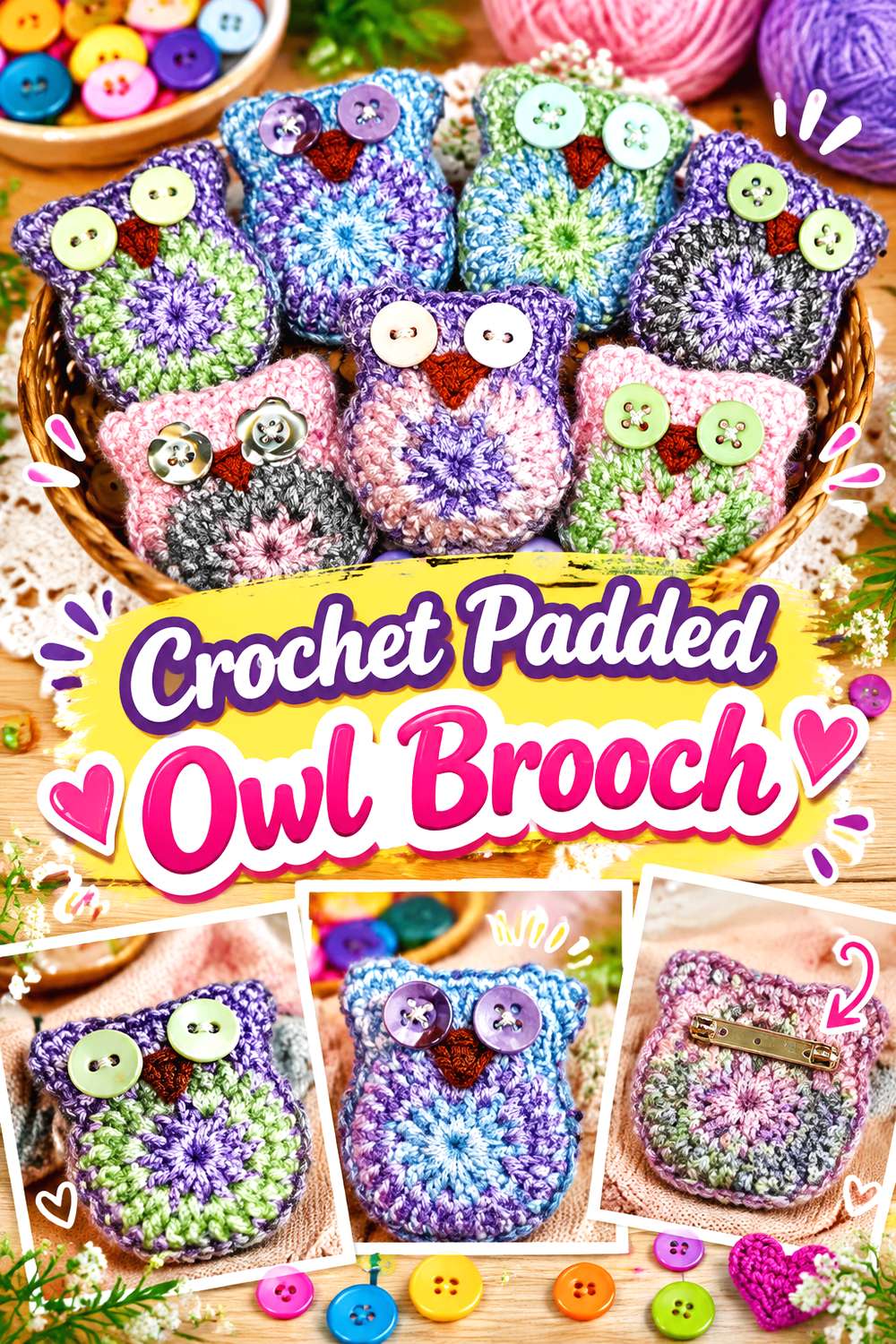Crochet Padded Owl Brooch