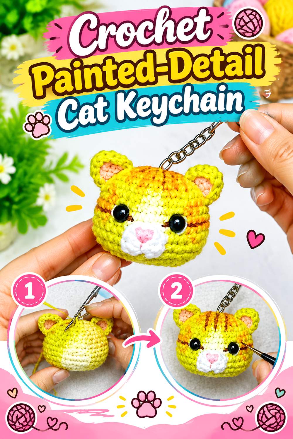 Crochet Painted Detail Cat Keychain