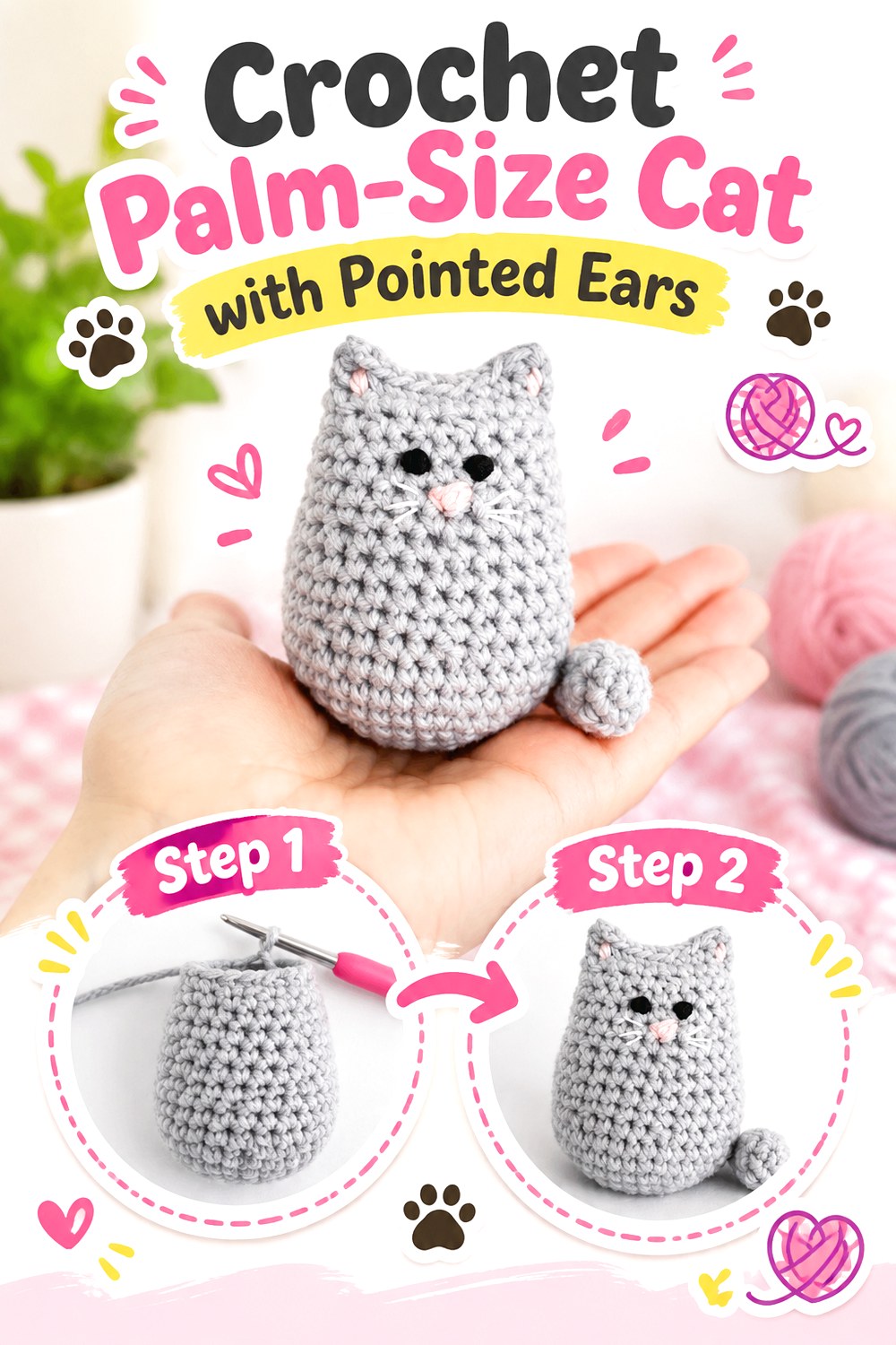 Crochet Palm Size Cat with Pointed Ears