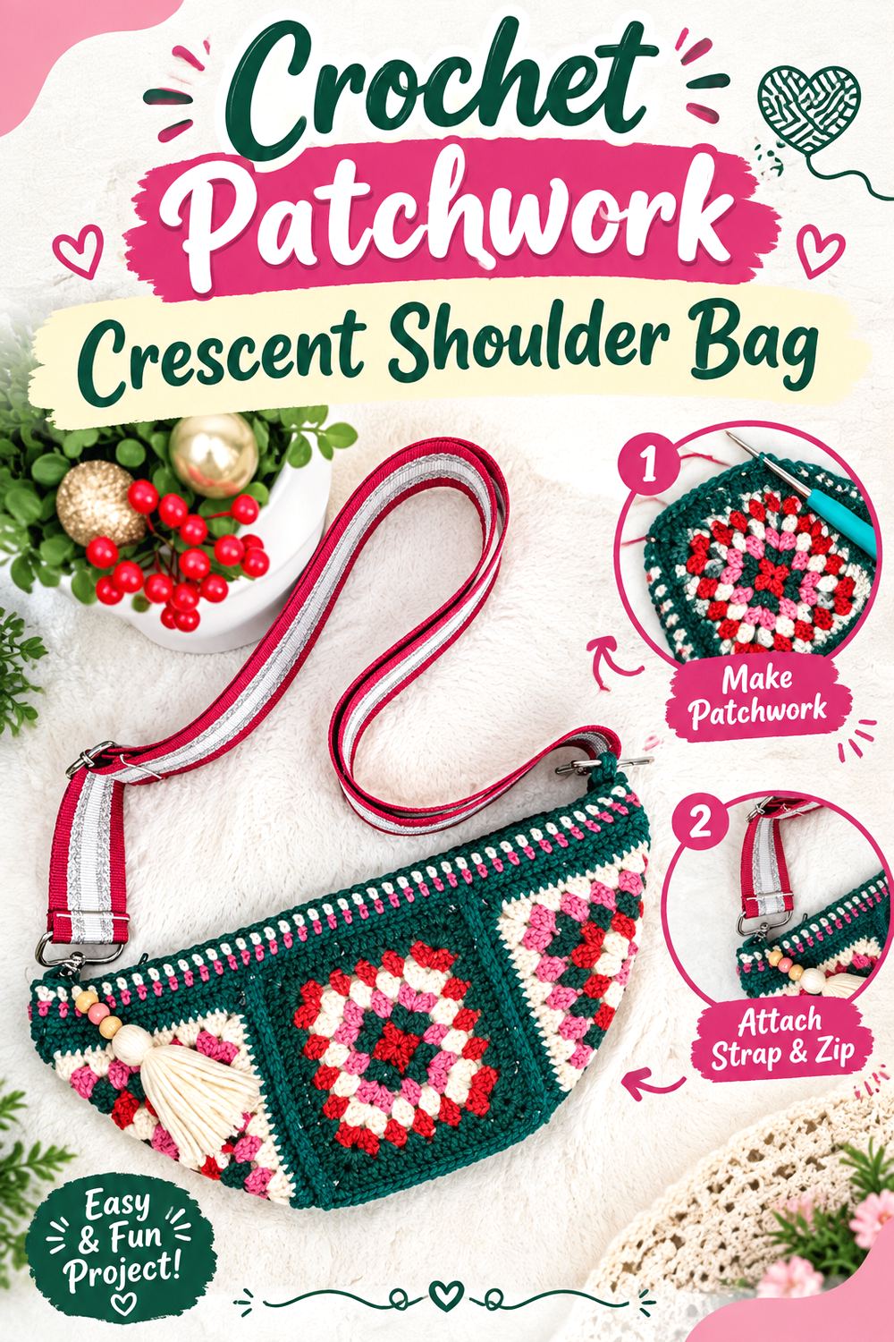 Crochet Patchwork Crescent Shoulder Bag