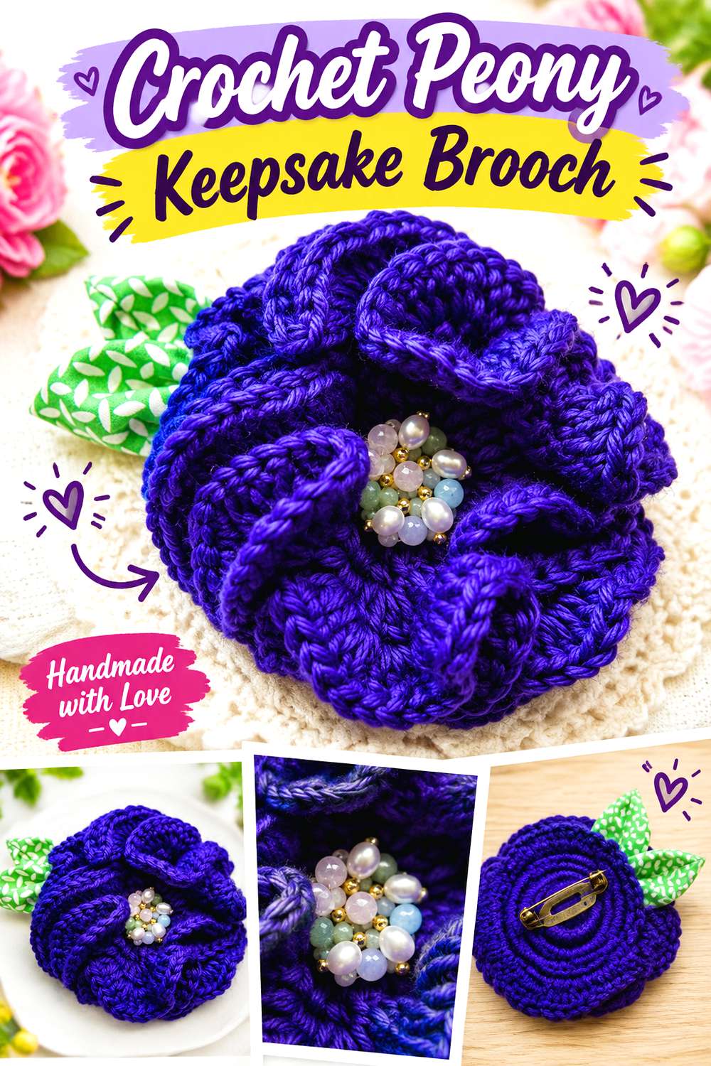 Crochet Peony Keepsake Brooch