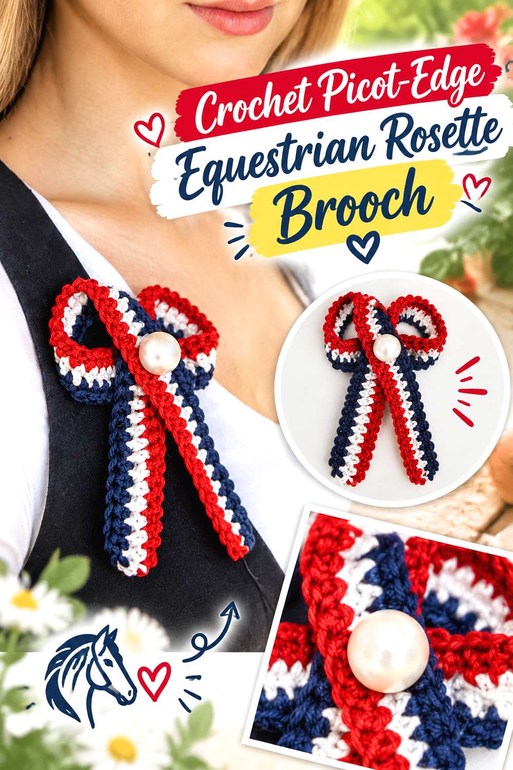 Crochet Picot Edge Equestrian Rosette Brooch