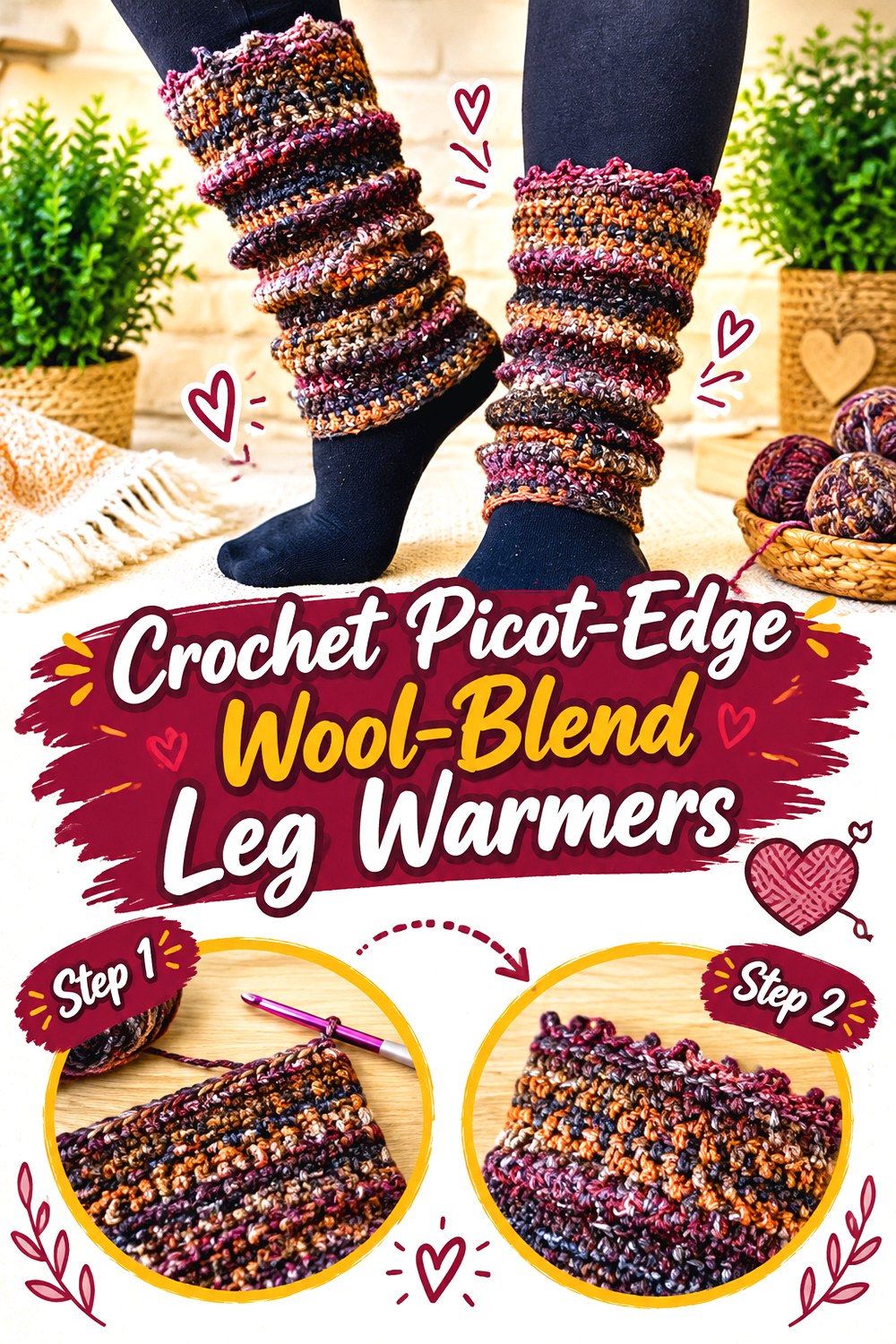 Crochet Picot Edge Wool Blend Leg Warmers