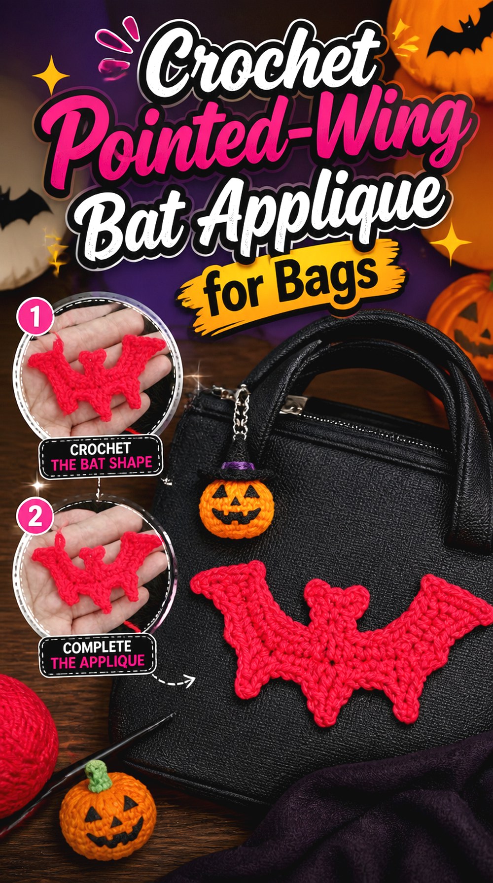 Crochet Pointed Wing Bat Applique for Bags