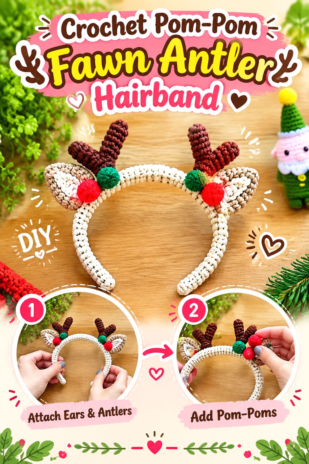 Crochet Pom Pom Fawn Antler Hairband